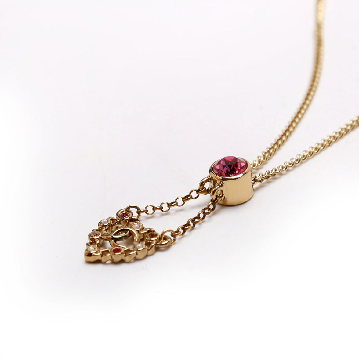 Chanel CC Pearl/Crystal Chain Link Heart Drop Necklace Gold/Pink