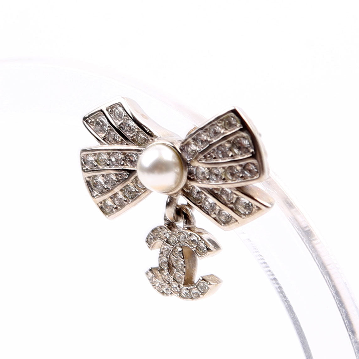 Chanel Crystal Bow CC Drop Small Earrings Silver