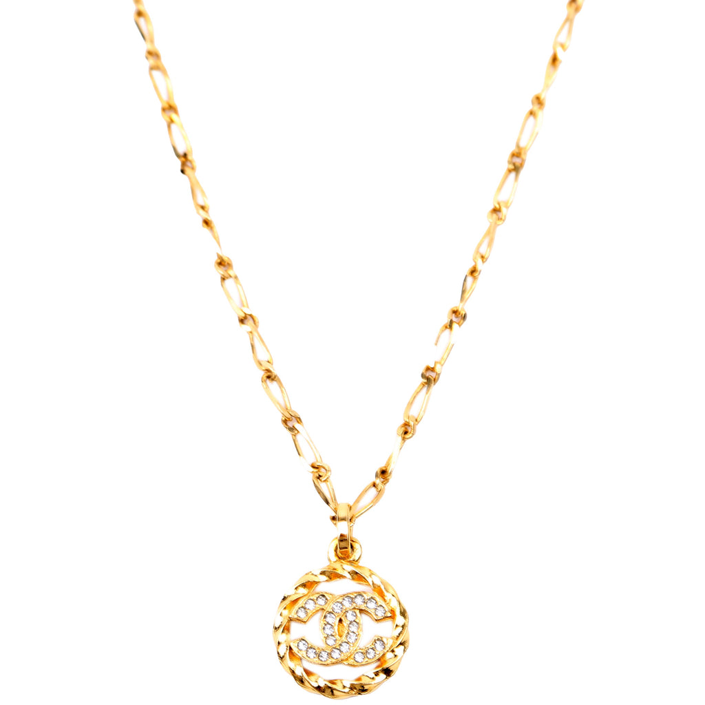 Chanel CC Crystal Cut-Out Pendant Necklace Gold