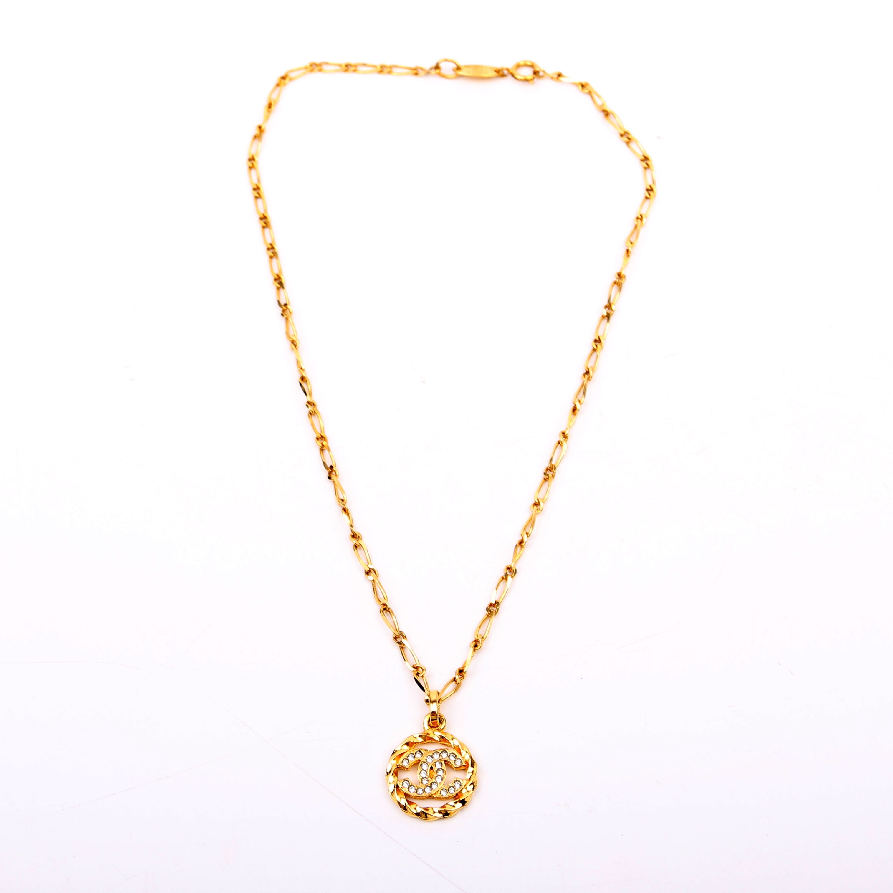 Chanel CC Crystal Cut-Out Pendant Necklace Gold