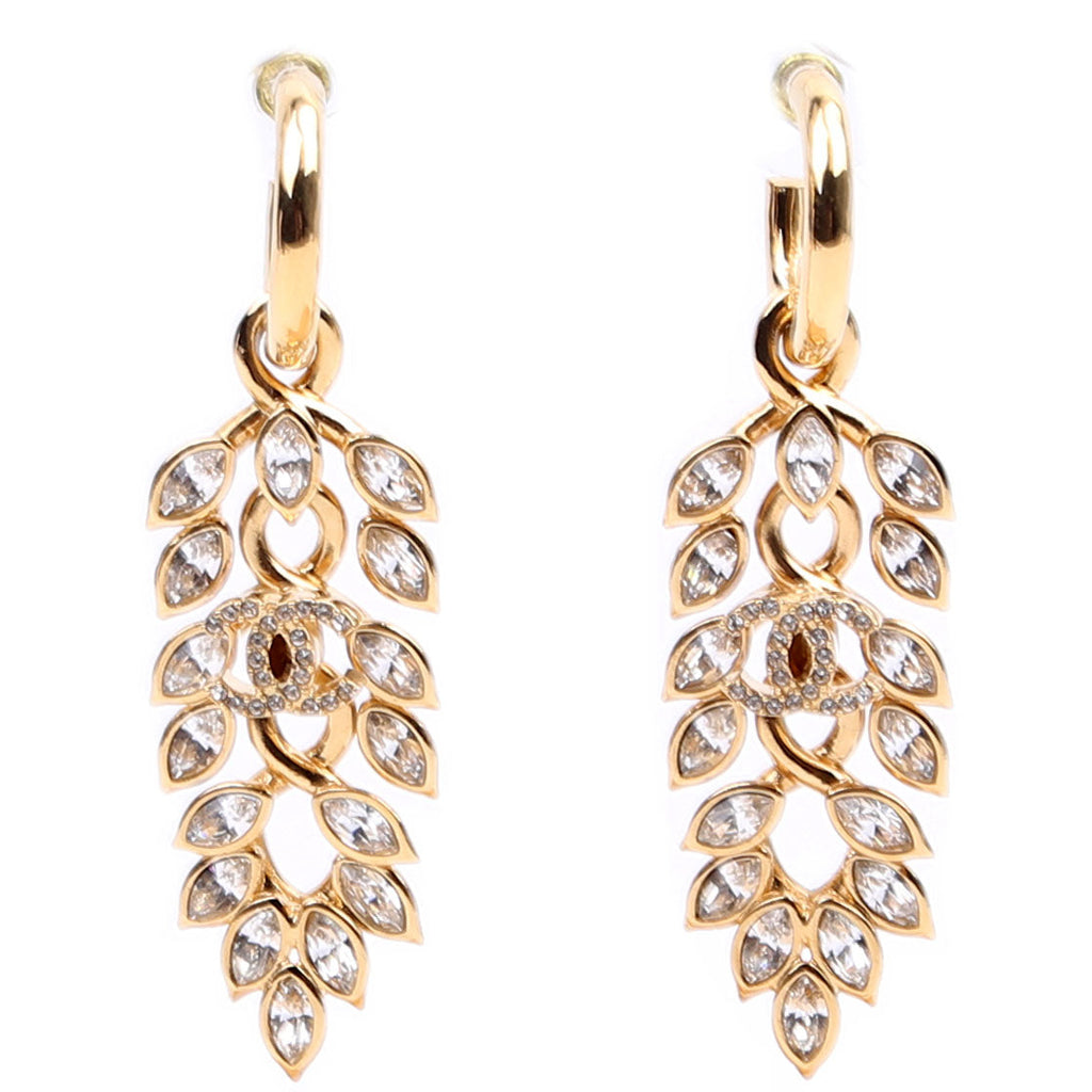Chanel CC Crystal Leaf Drop Hoop Earrings Gold