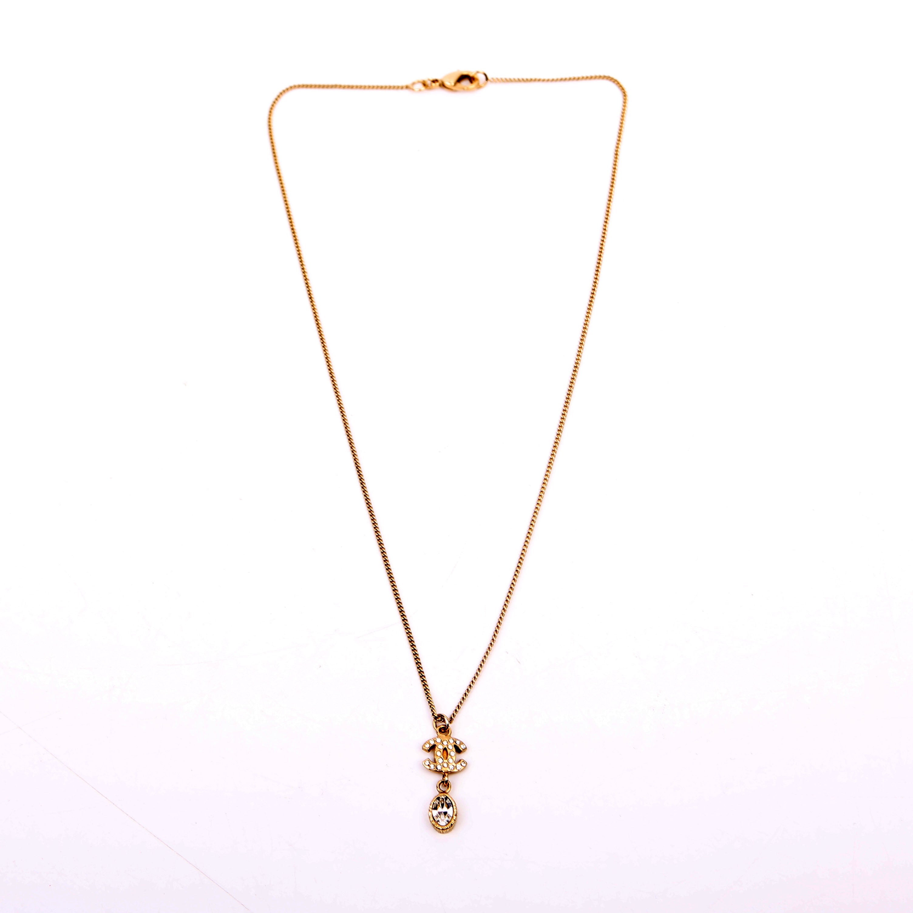 Chanel CC Rhinestone Drop Pendant Necklace Gold