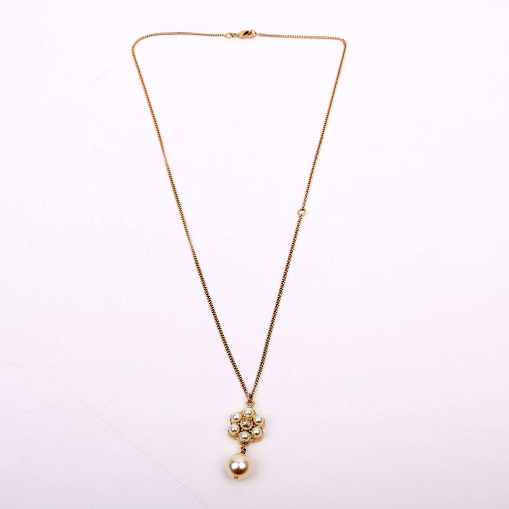 Chanel CC Flower Faux Pearl Drop Pendant Necklace Gold
