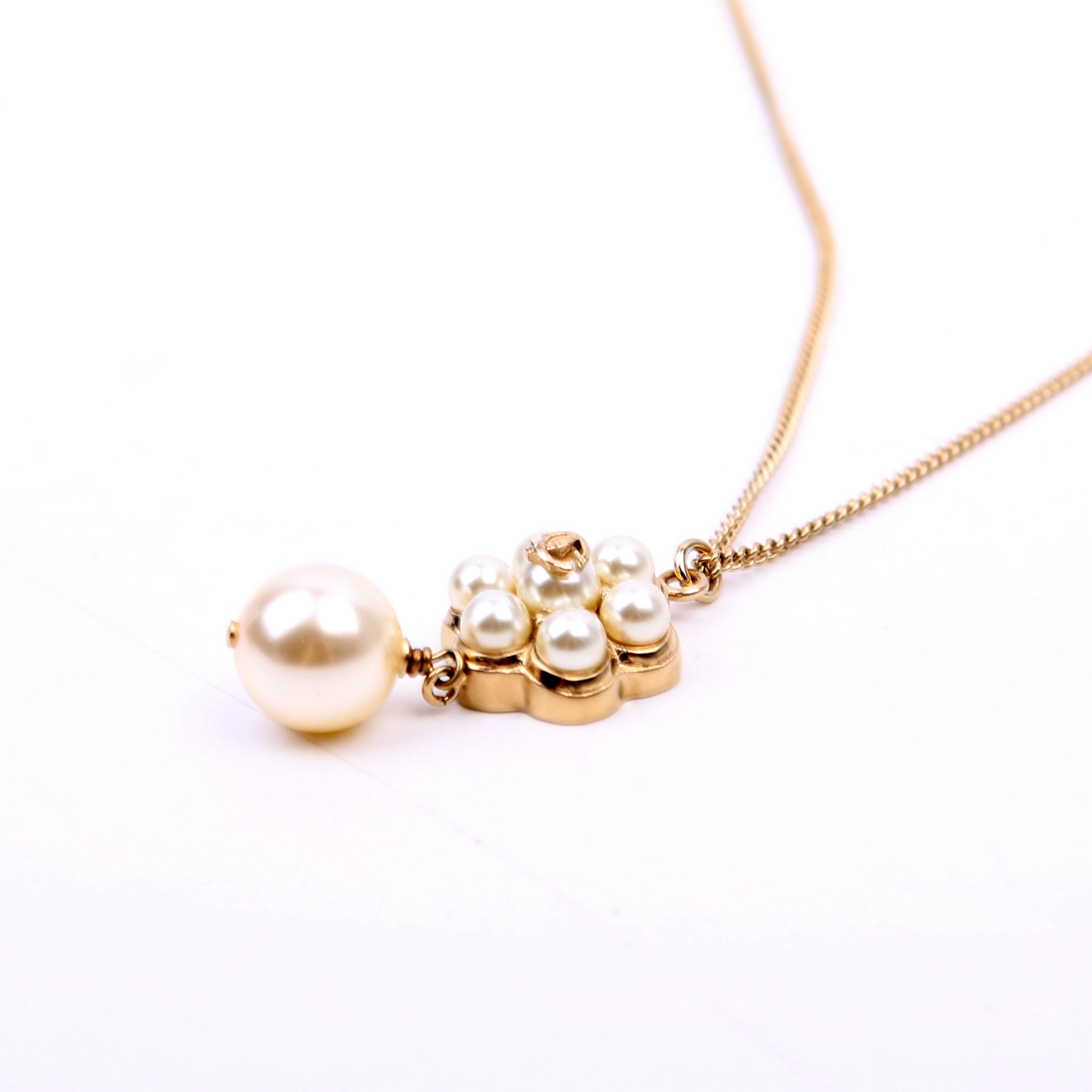 Chanel CC Flower Faux Pearl Drop Pendant Necklace Gold