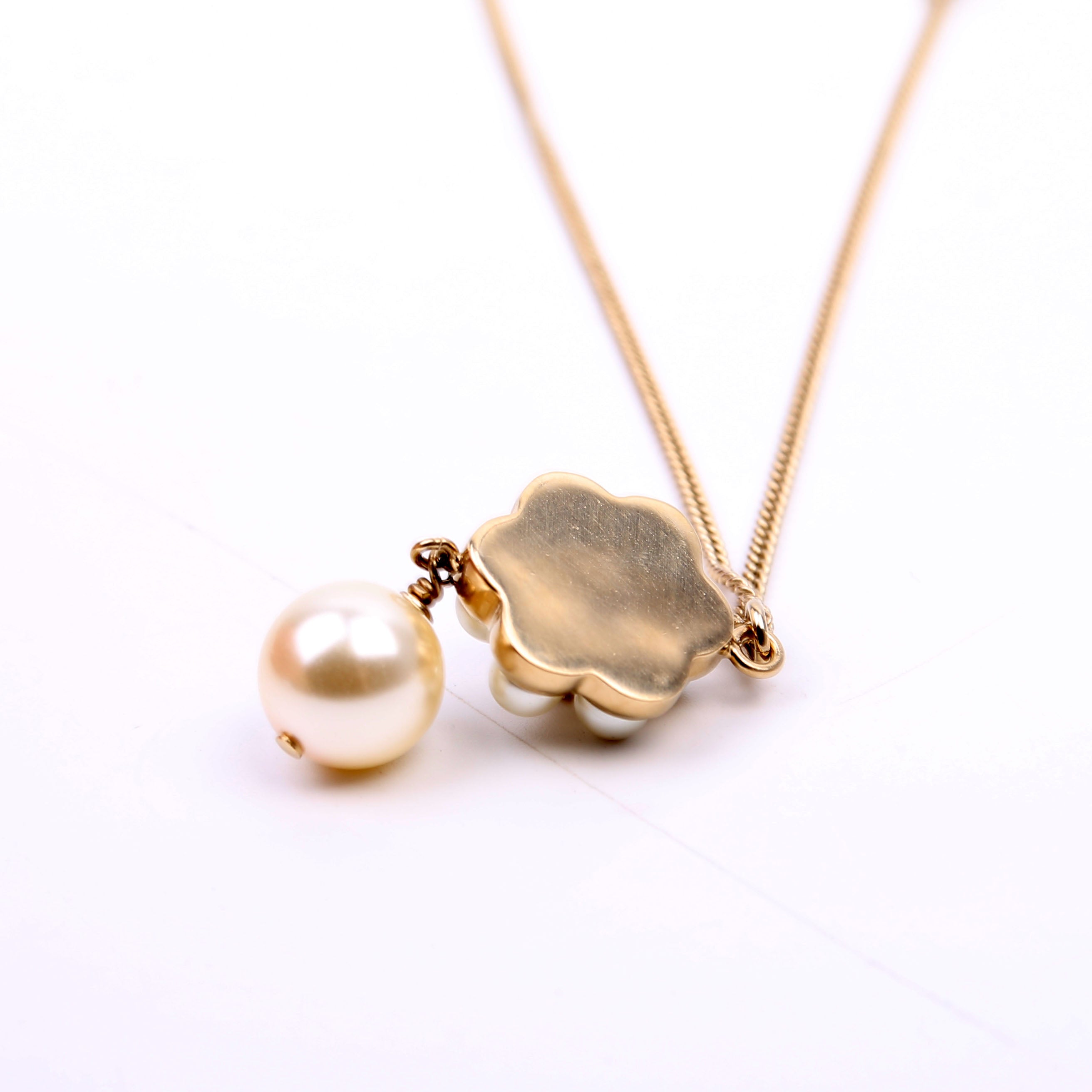 Chanel CC Flower Faux Pearl Drop Pendant Necklace Gold