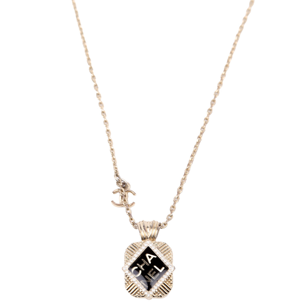 Chanel Square Crystal Resin Logo Pendant Necklace Gold