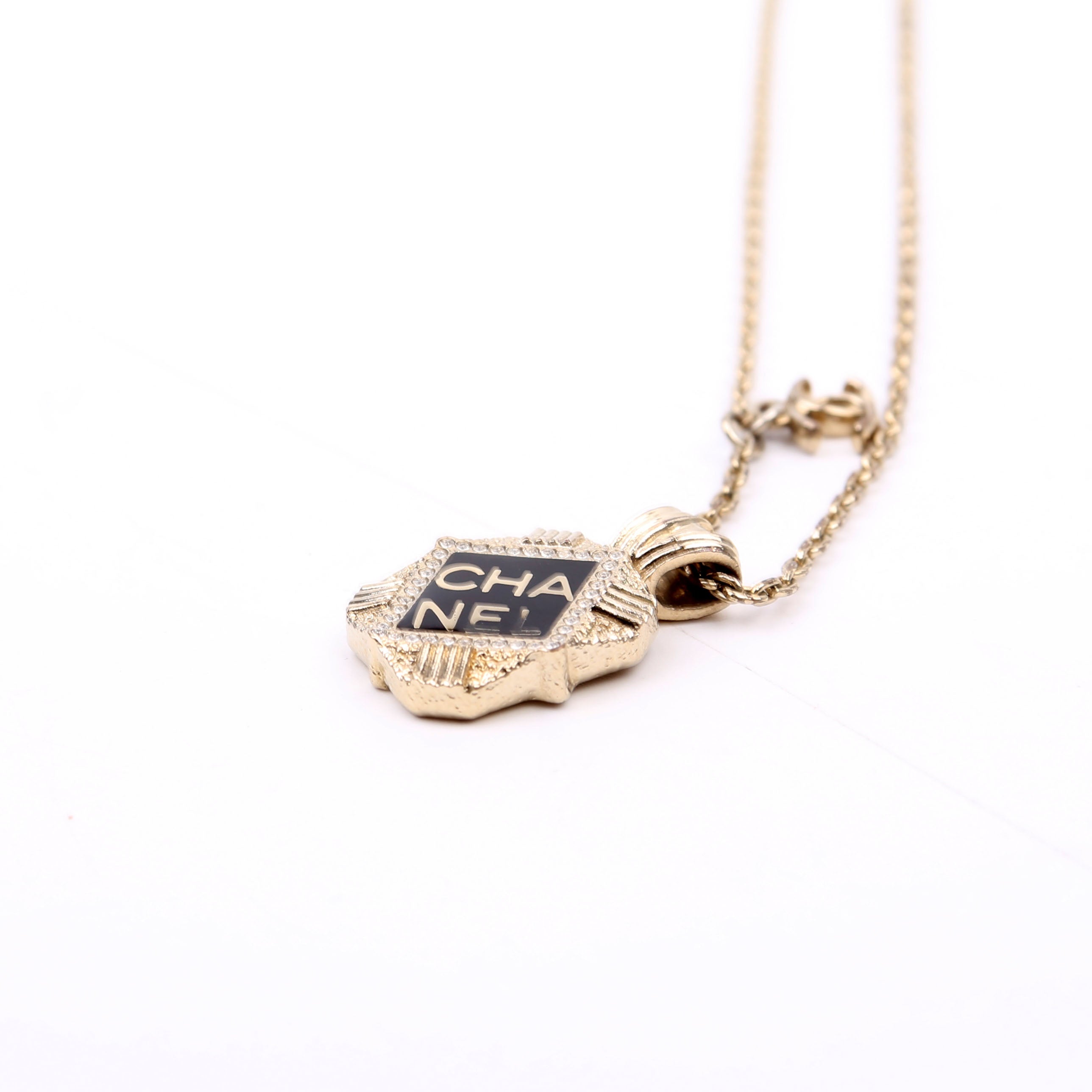 Chanel Square Crystal Resin Logo Pendant Necklace Gold