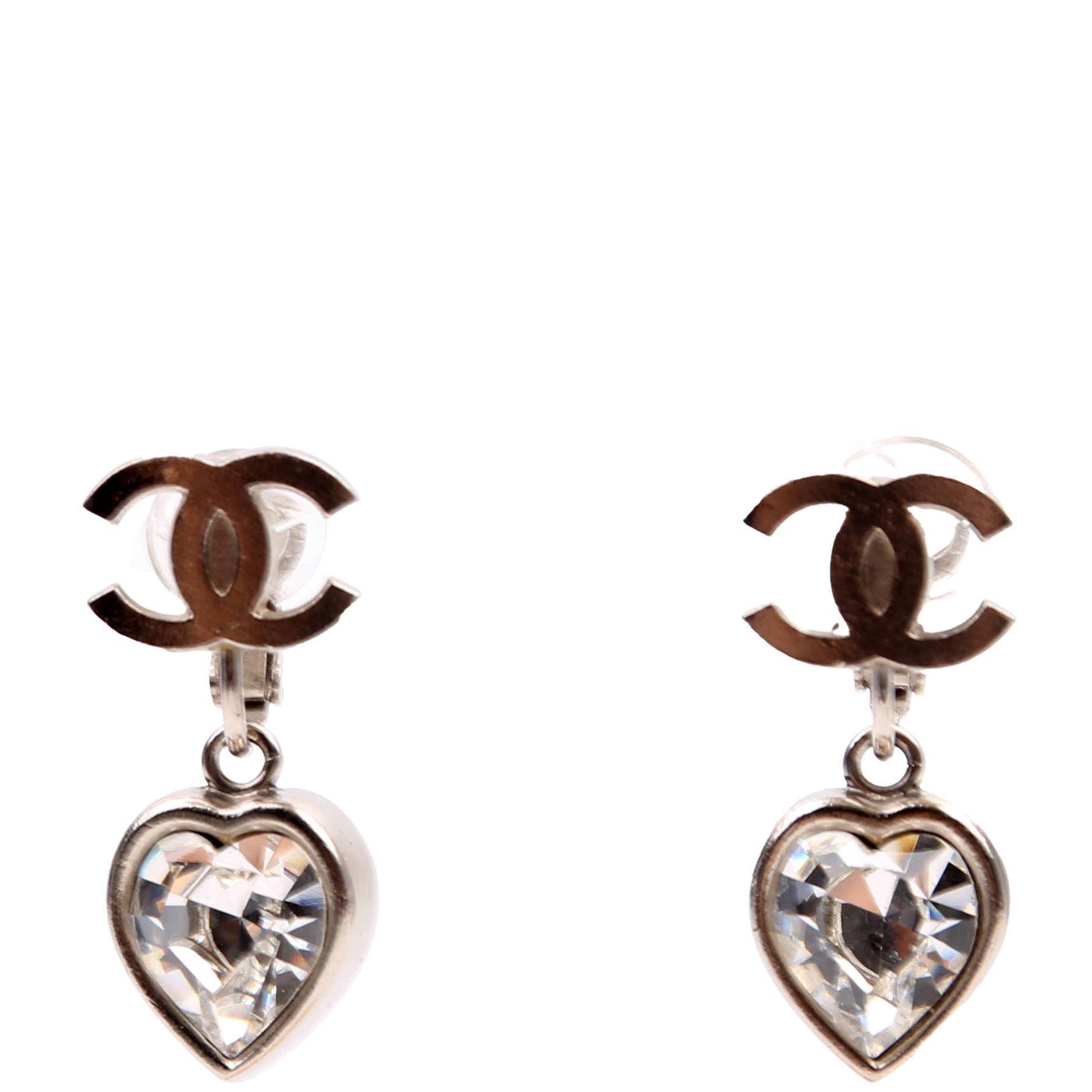 Chanel CC Heart Rhinestone Drop Clip On Earrings Silver