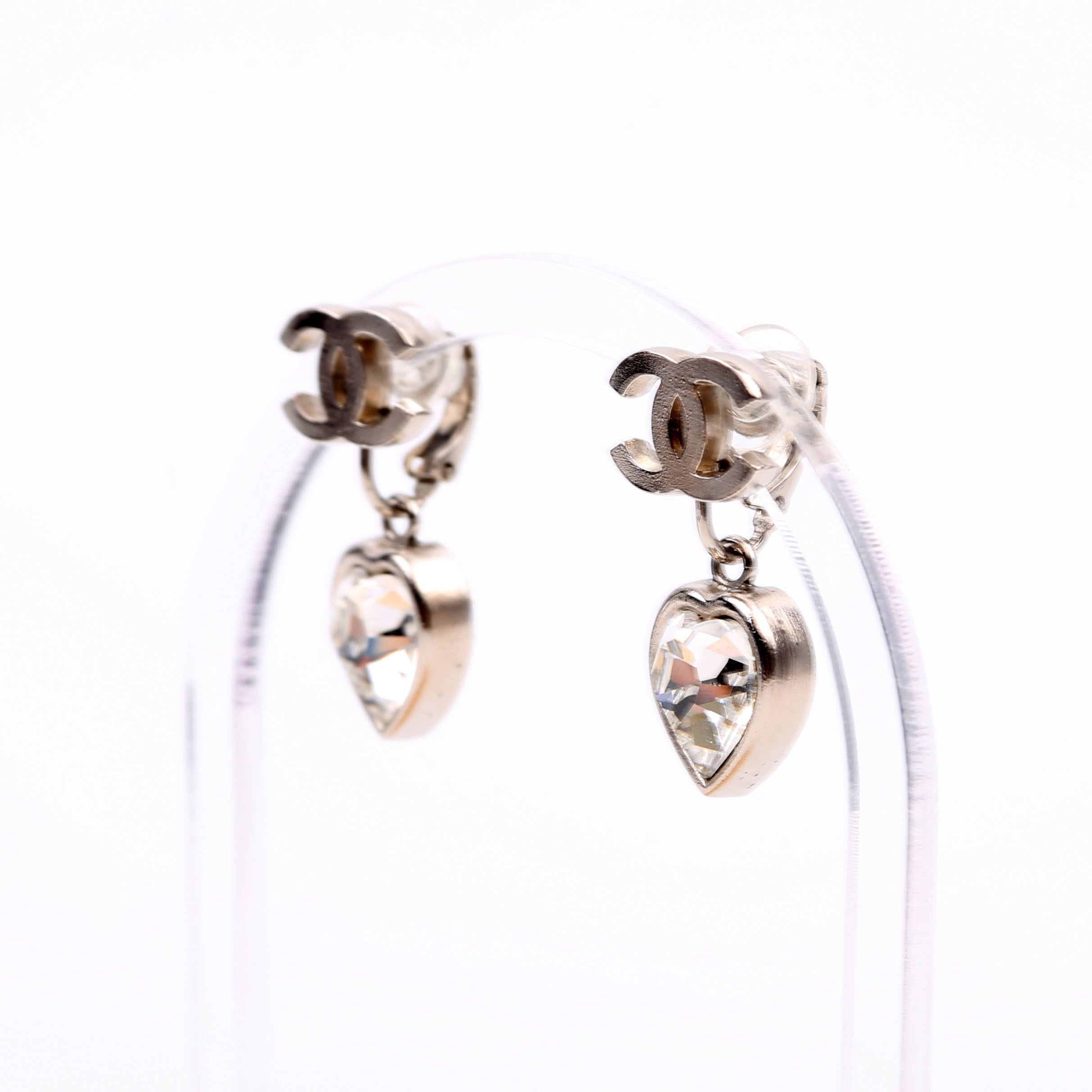 Chanel CC Heart Rhinestone Drop Clip On Earrings Silver