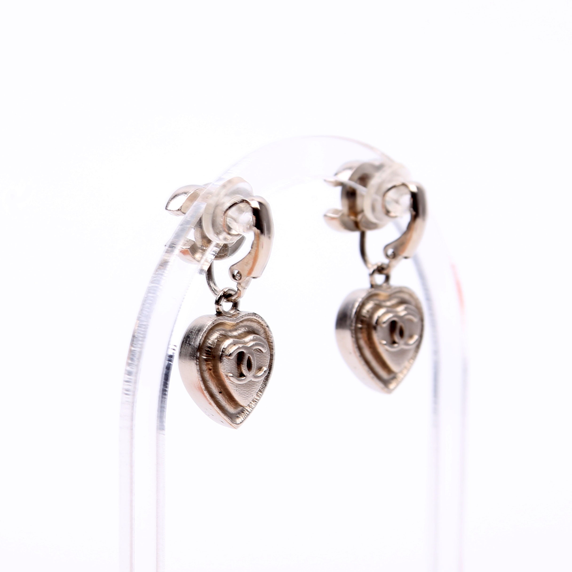 Chanel CC Heart Rhinestone Drop Clip On Earrings Silver