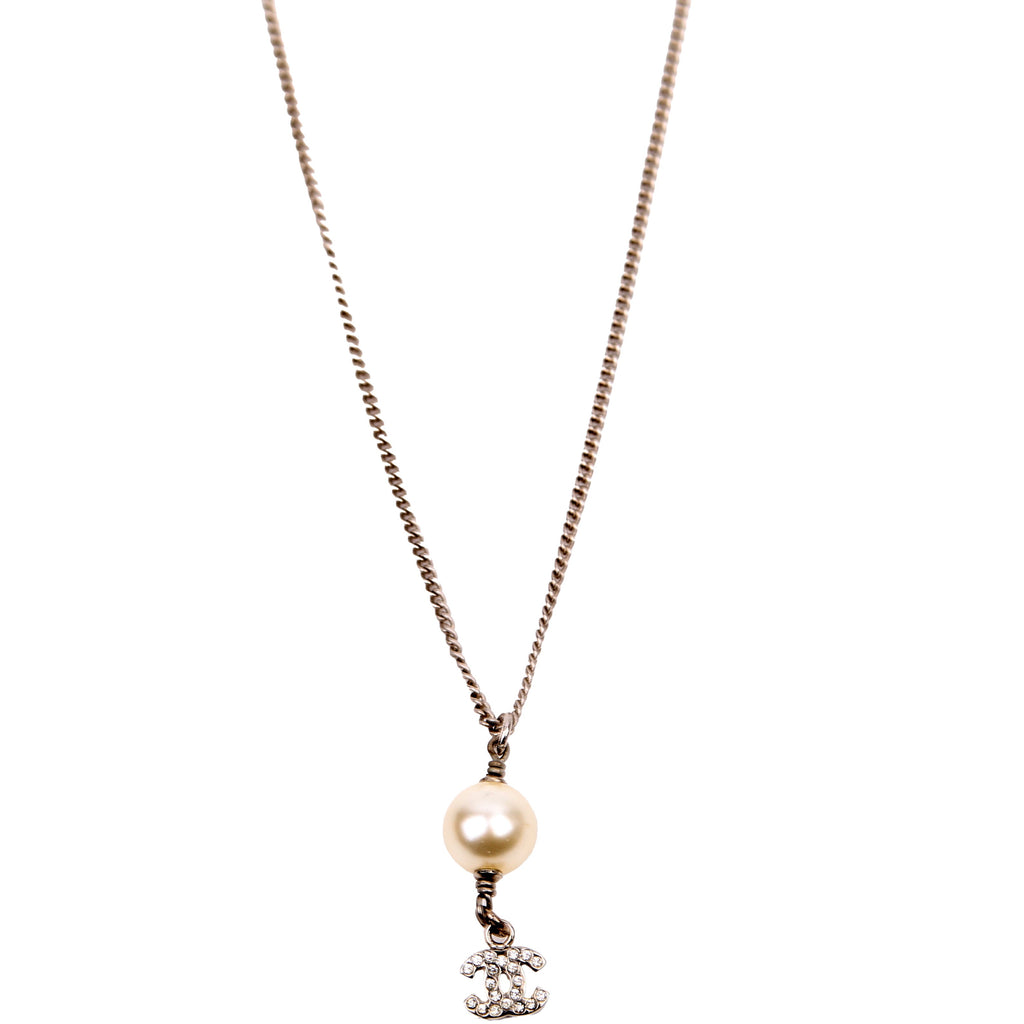 Chanel Pearl Drop CC Rhinestone Pendant Necklace Silver