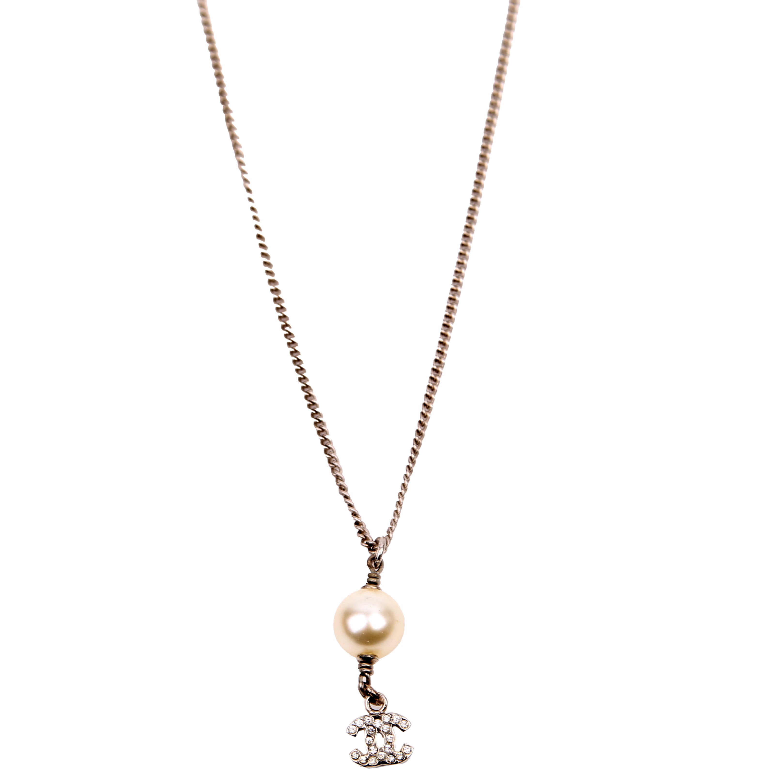 Chanel Pearl Drop CC Rhinestone Pendant Necklace Silver
