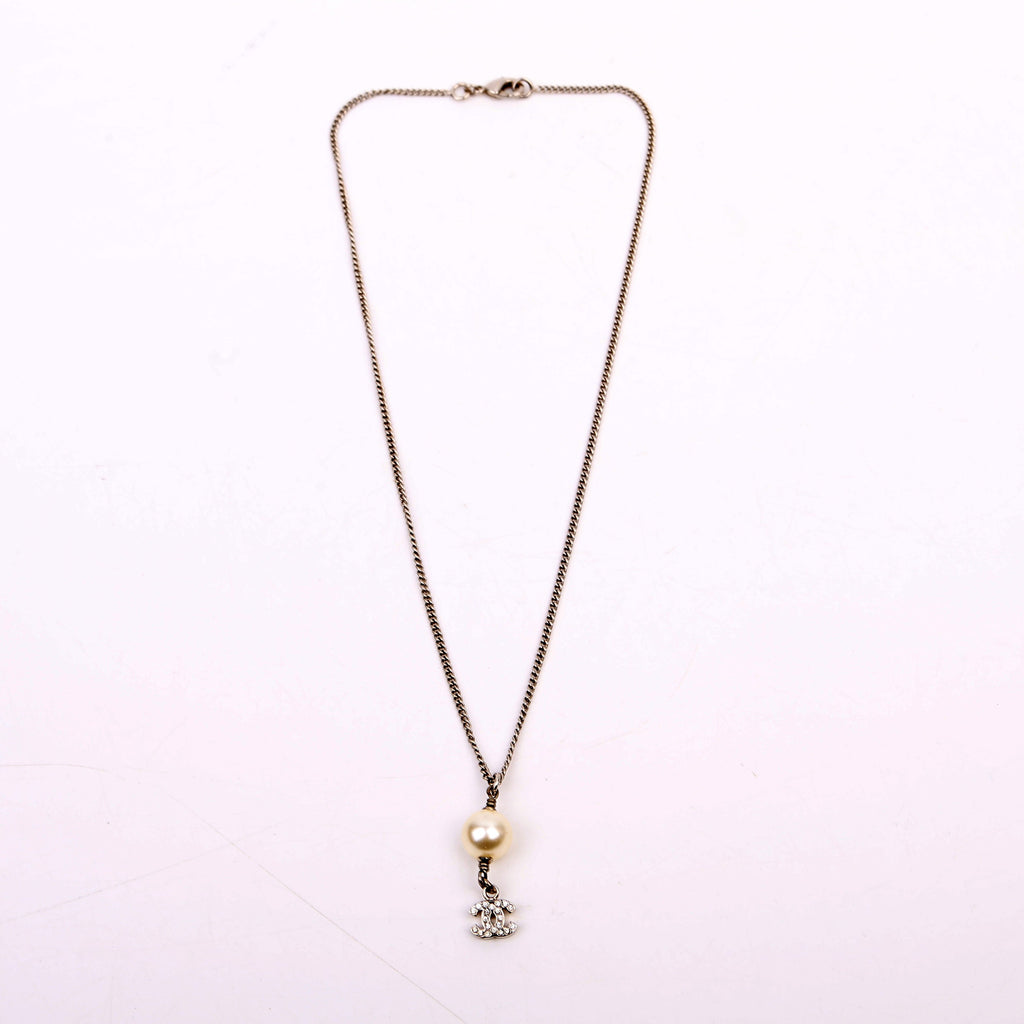 Chanel Pearl Drop CC Rhinestone Pendant Necklace Silver