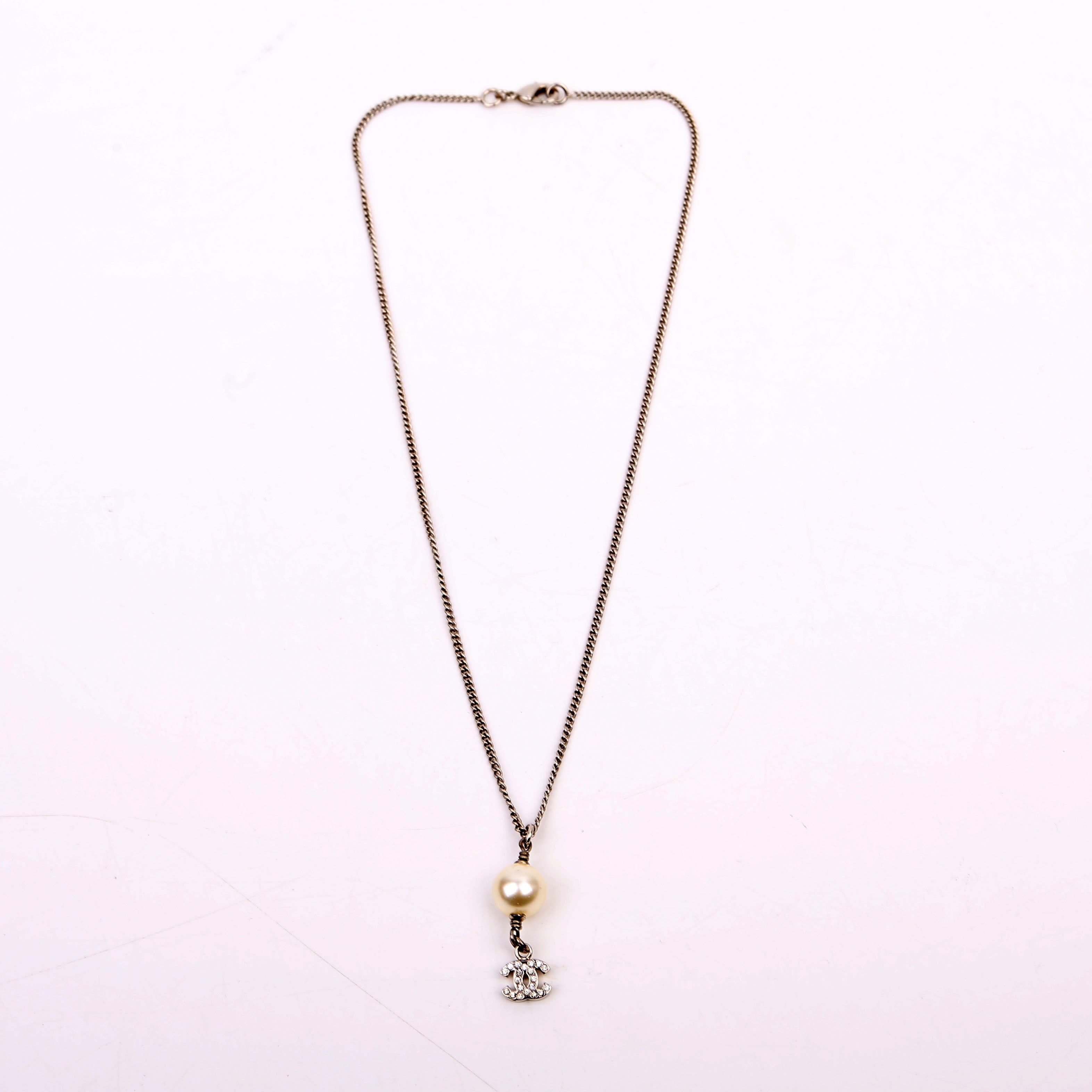 Chanel Pearl Drop CC Rhinestone Pendant Necklace Silver