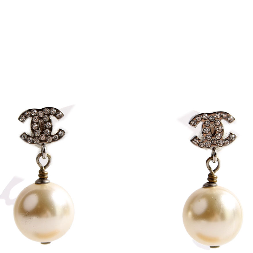 Chanel CC Crystal Pearl Drop Earrings Silver