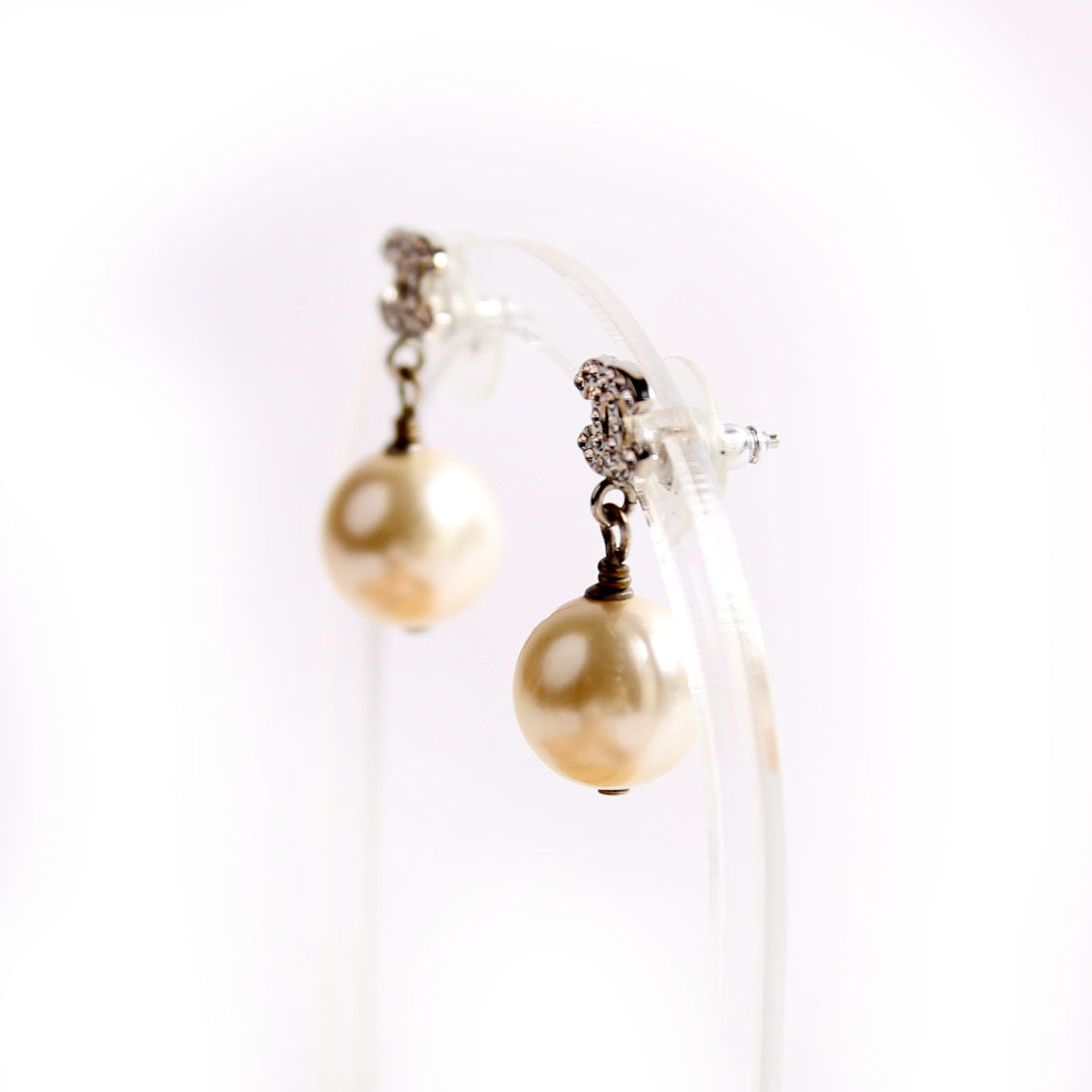 Chanel CC Crystal Pearl Drop Earrings Silver