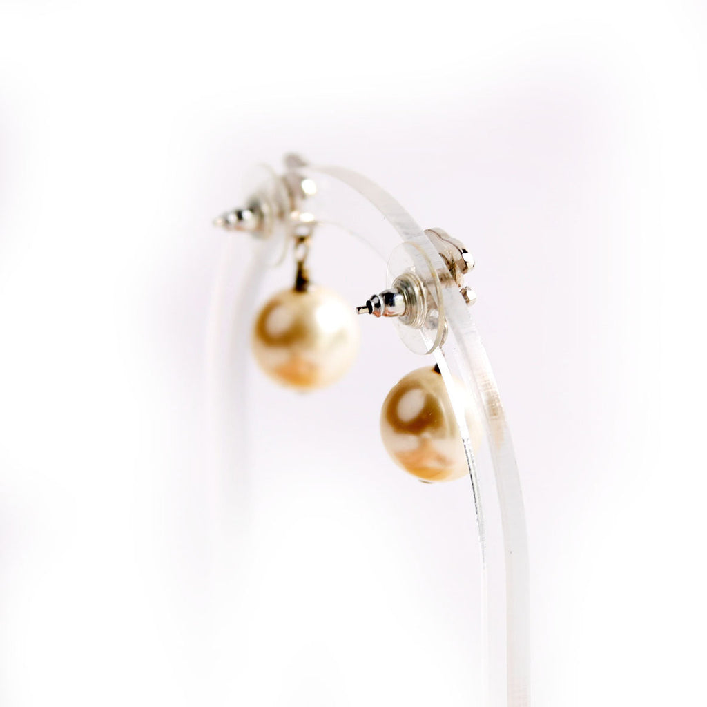 Chanel CC Crystal Pearl Drop Earrings Silver