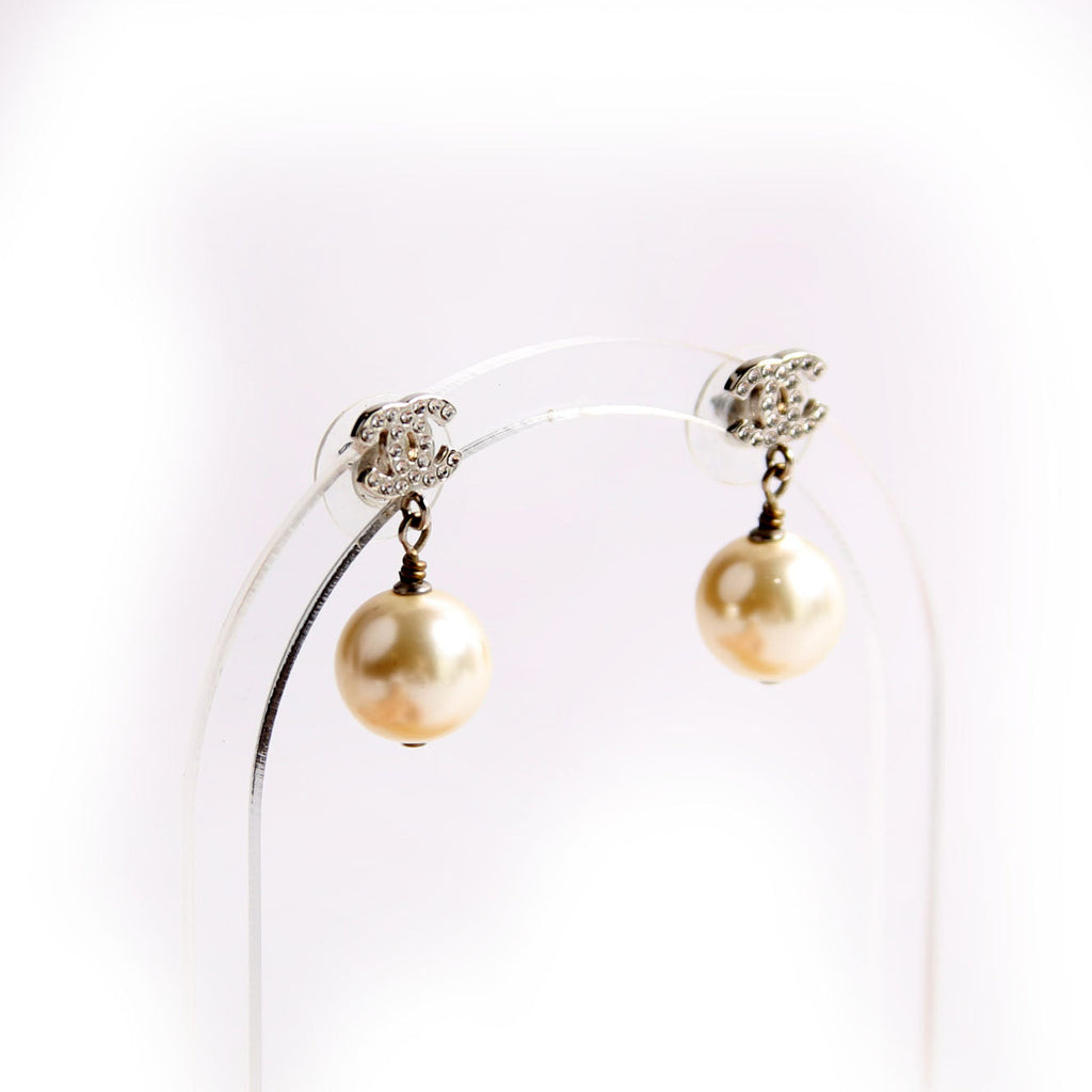 Chanel CC Crystal Pearl Drop Earrings Silver
