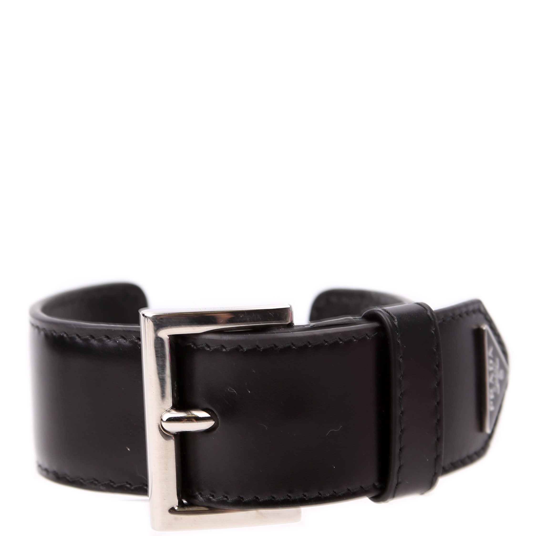 Prada Triangle Logo Leather Arm Cuff Bracelet Black