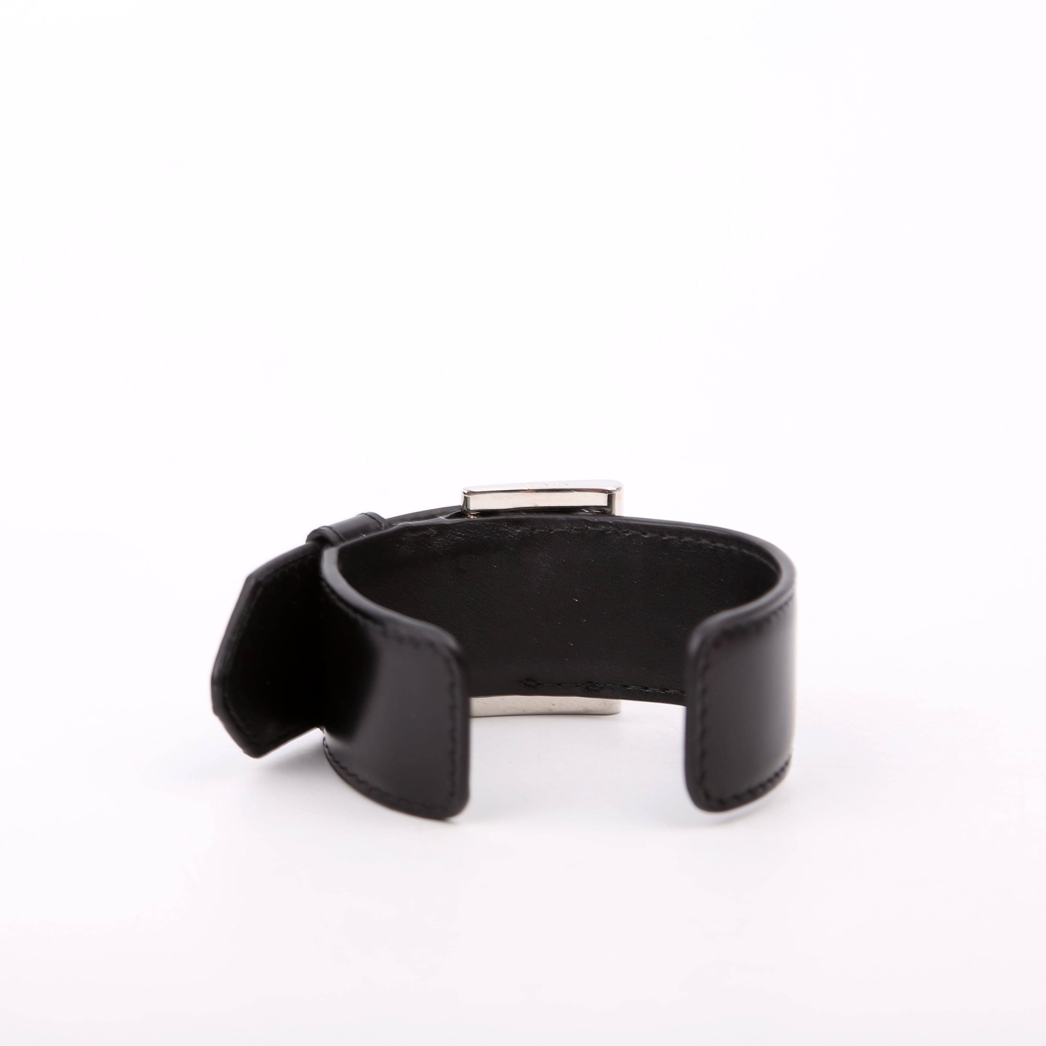 Prada Triangle Logo Leather Arm Cuff Bracelet Black