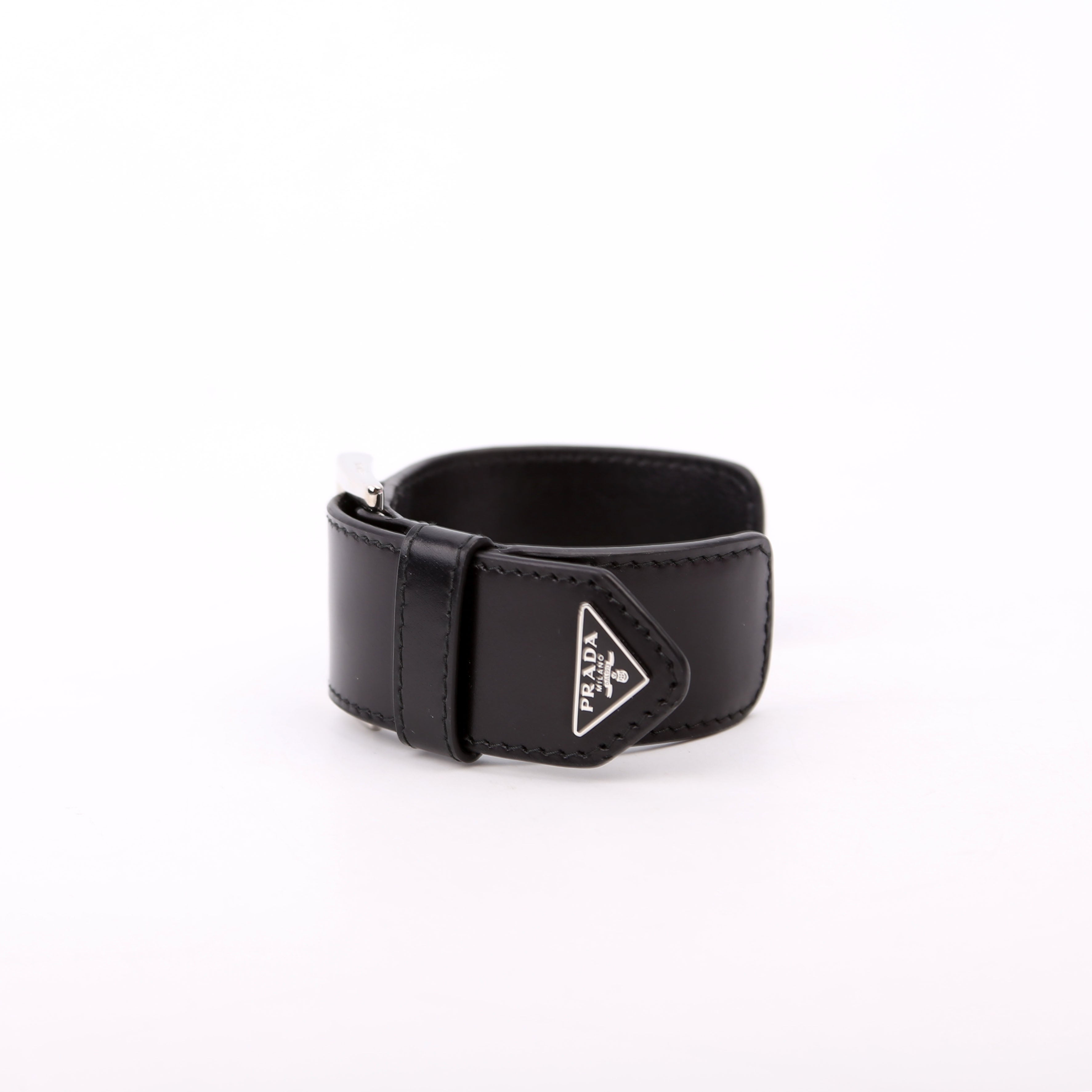 Prada Triangle Logo Leather Arm Cuff Bracelet Black