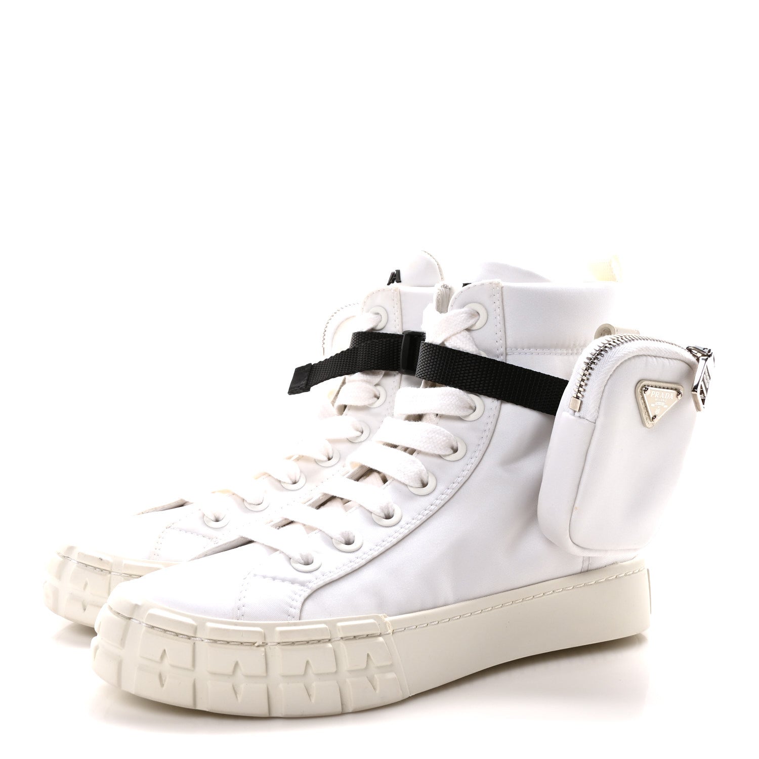 Prada Re-Nylon Gabardine Metal Triangle Logo Wheel Pouch Pocket High Top Sneakers 35.5 White