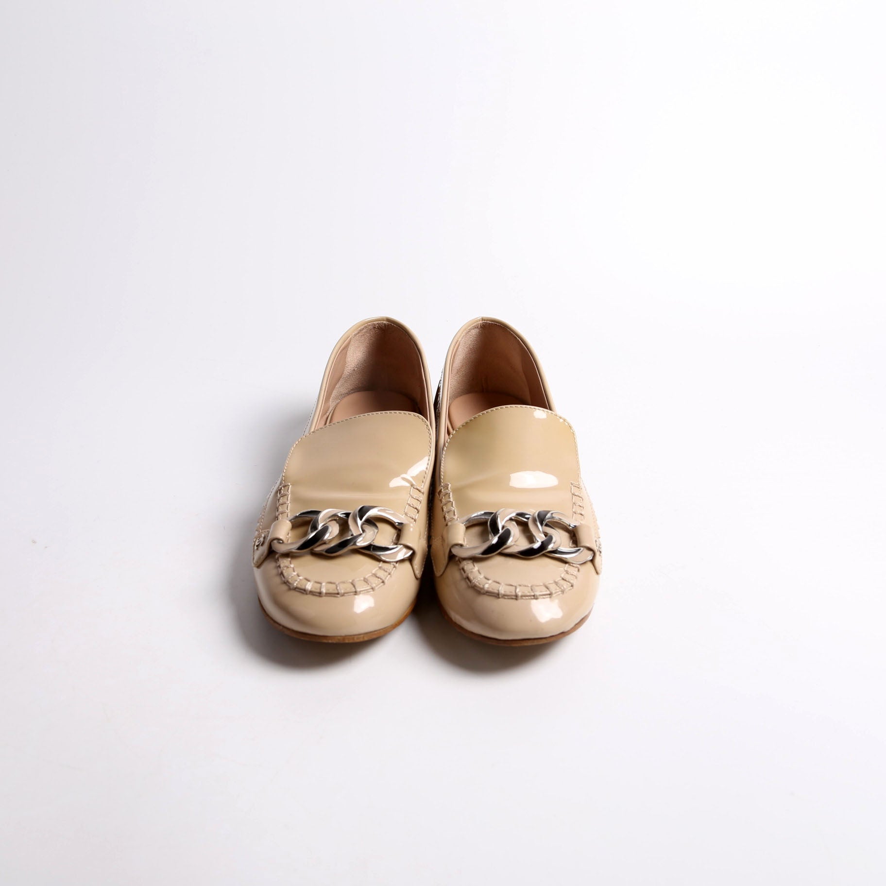 Chanel CC Chain Moccasin Loafers Patent Size 38.5 Tan