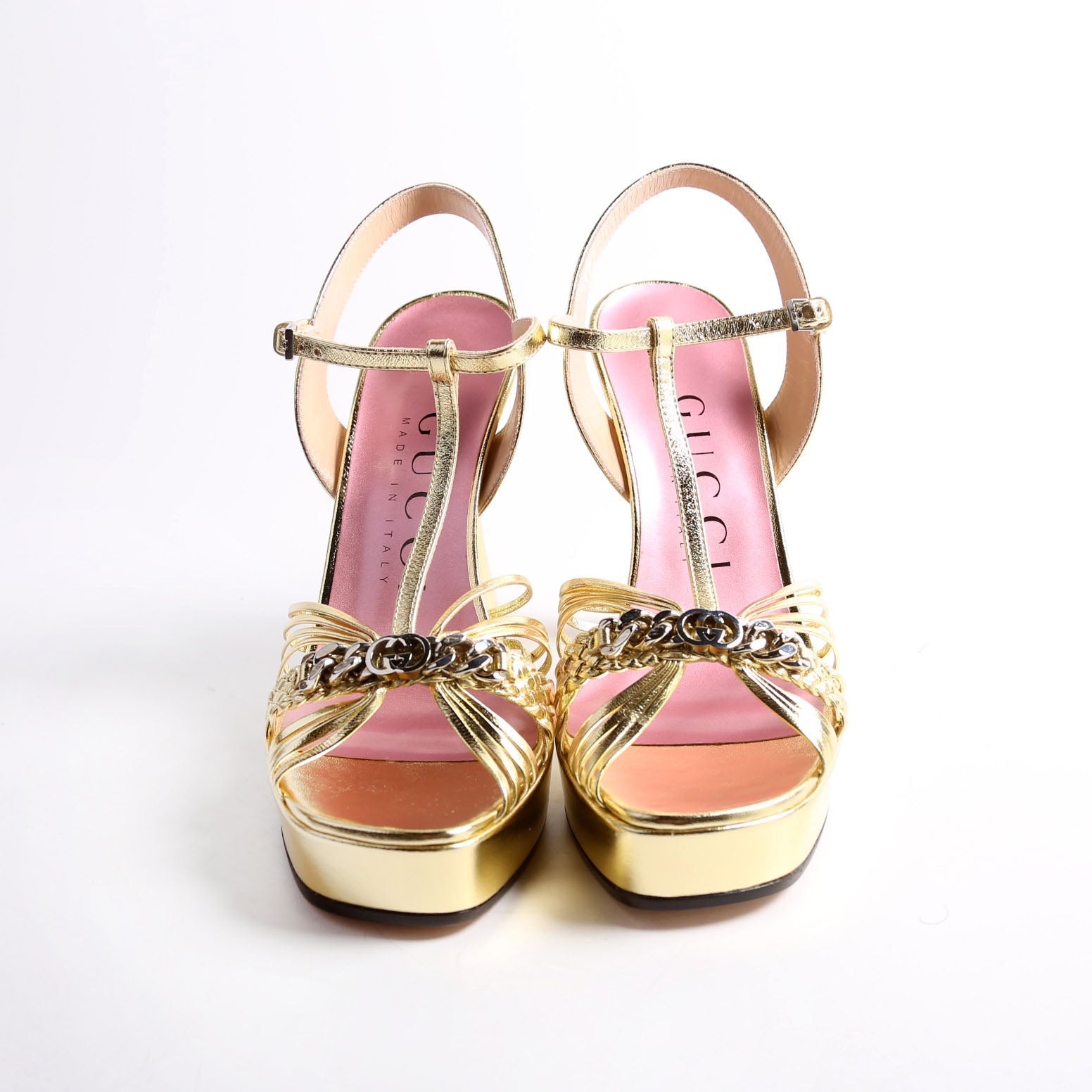 Gucci Logo Chain Strappy Platform Sandal Heels