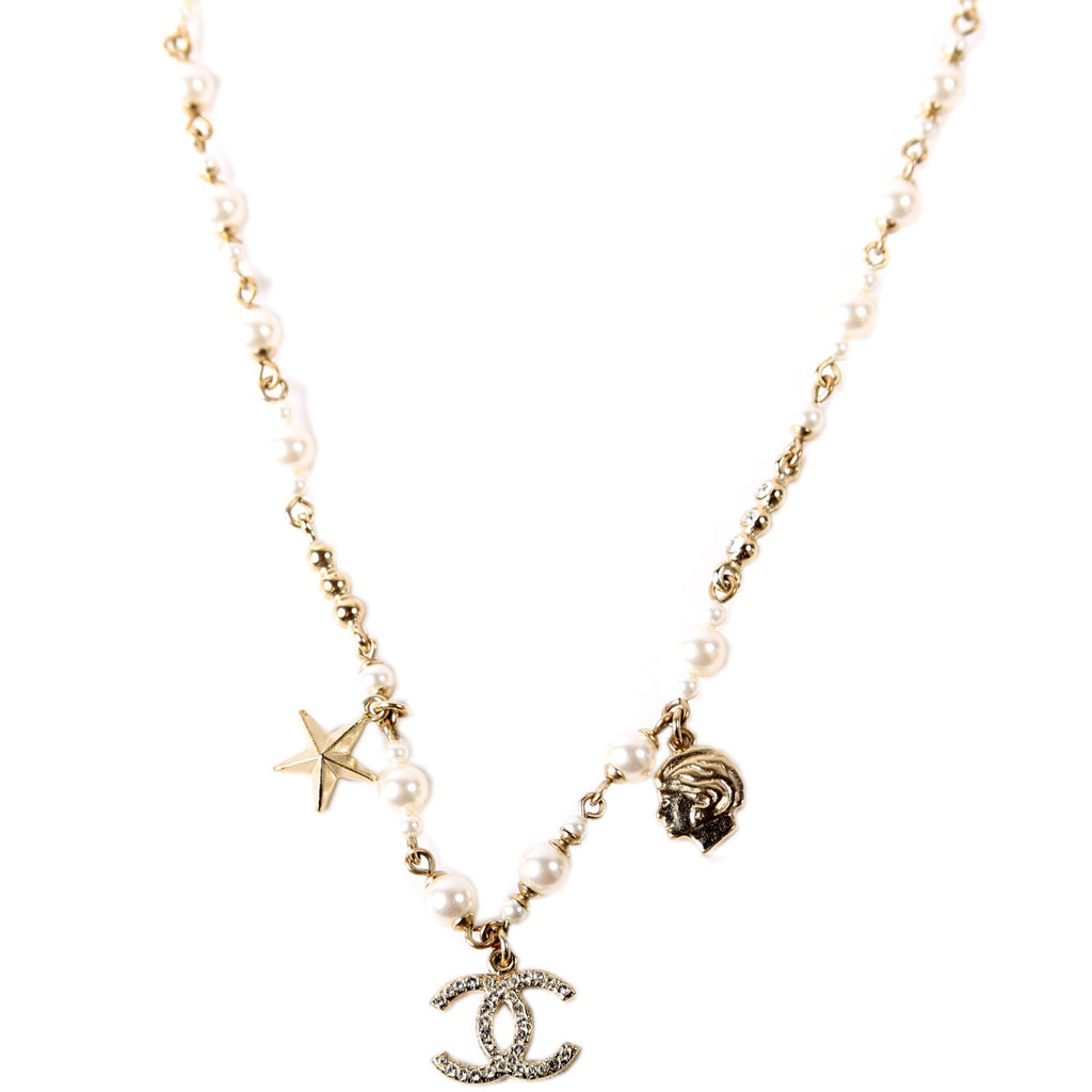 Chanel CC Charms Pearl Choker Necklace Gold/Pearl
