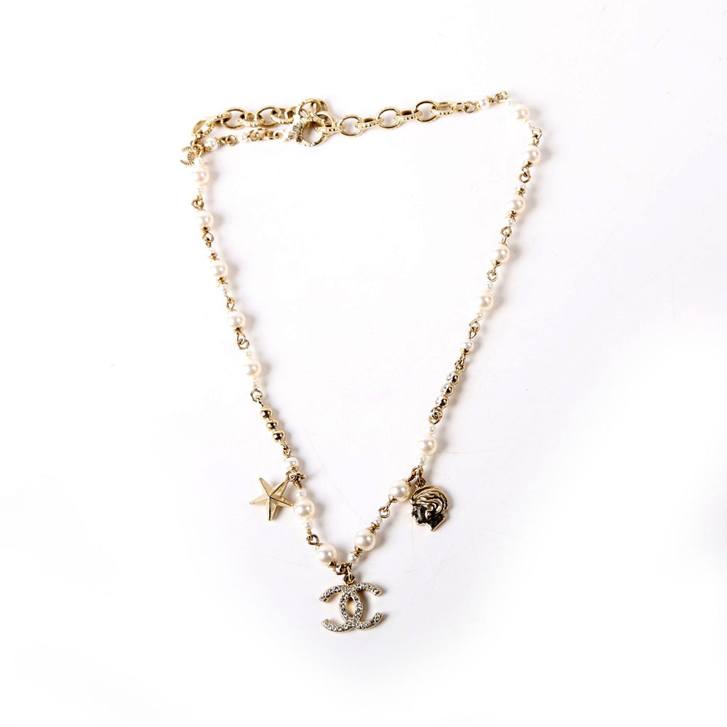 Chanel CC Charms Pearl Choker Necklace Gold/Pearl