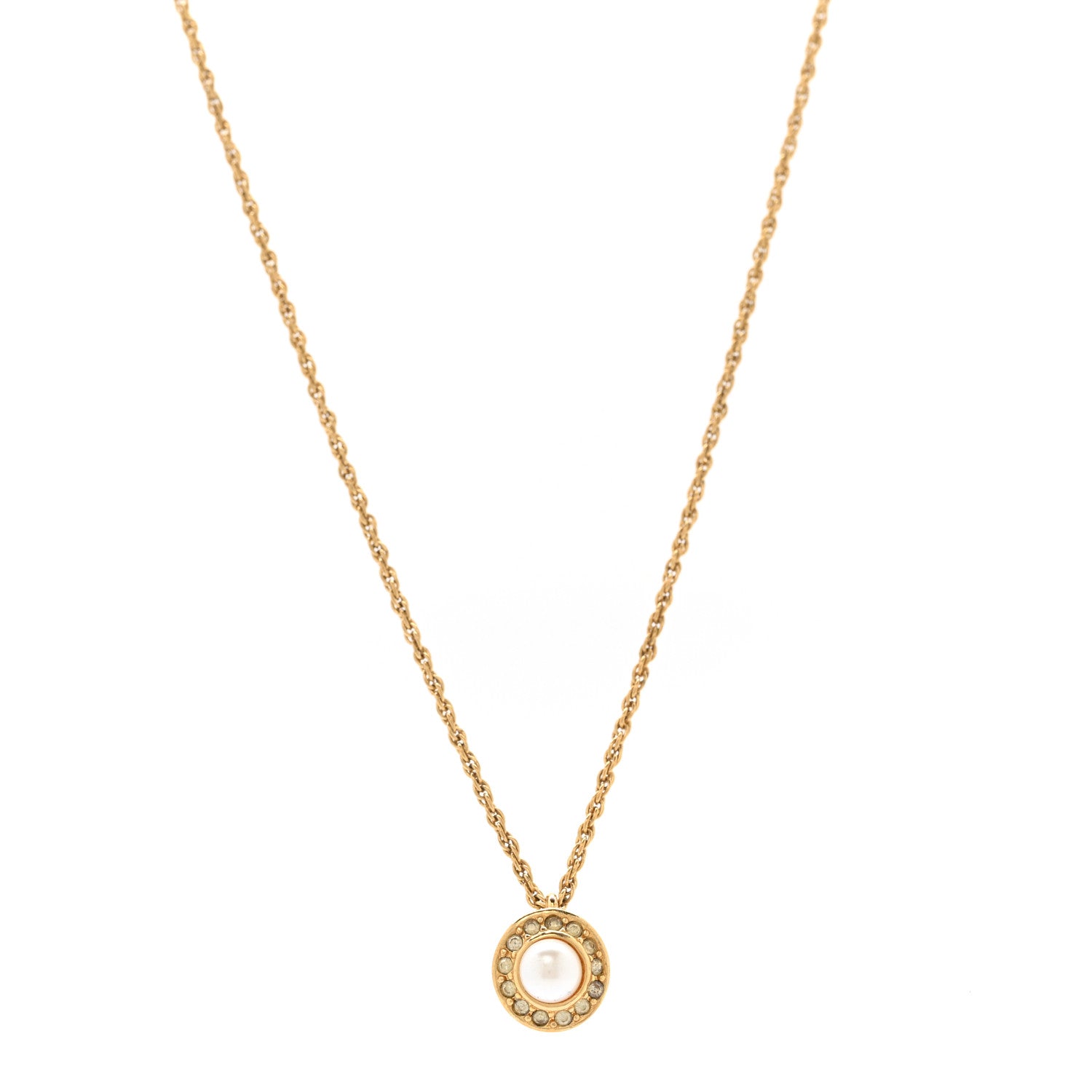 Christian Dior Crystal Pearl Pendant Necklace Gold