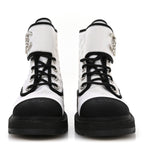 Chanel Fabric Grosgrain Quilted Cap Toe Lace Up Combat Boots 38.5 White Black