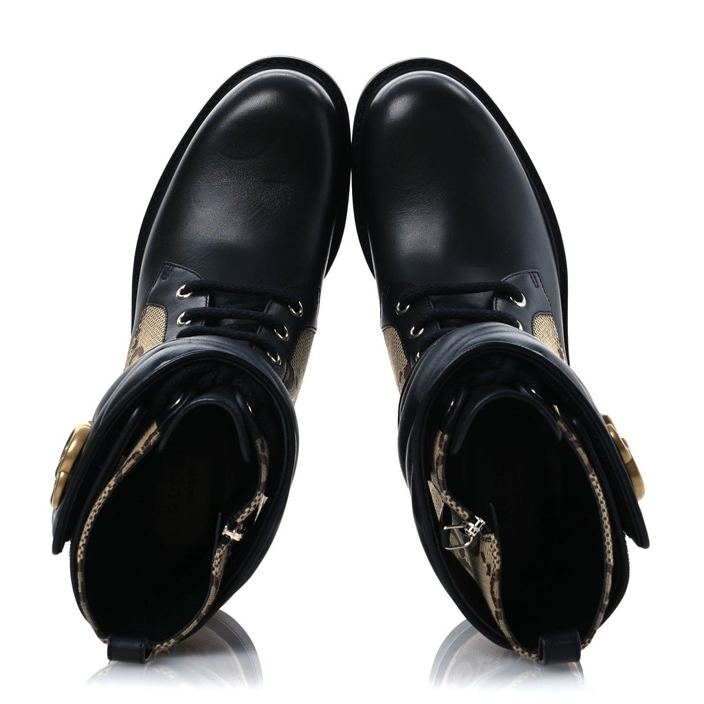 Gucci Flores Calfskin Monogram Maxi GG Nappa Matelasse Double G 40mm Ankle Boots 37 Black Camel Ebony