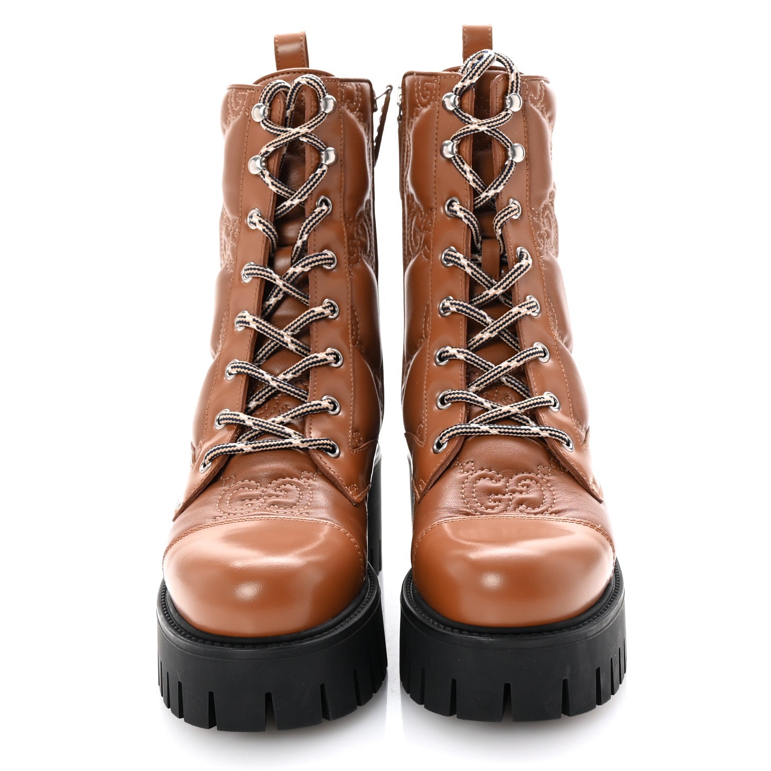 Gucci Cordovan Lux Nappa GG Matelasse Lace Up 60mm Combat Boots 36 Dark Hazel Brown