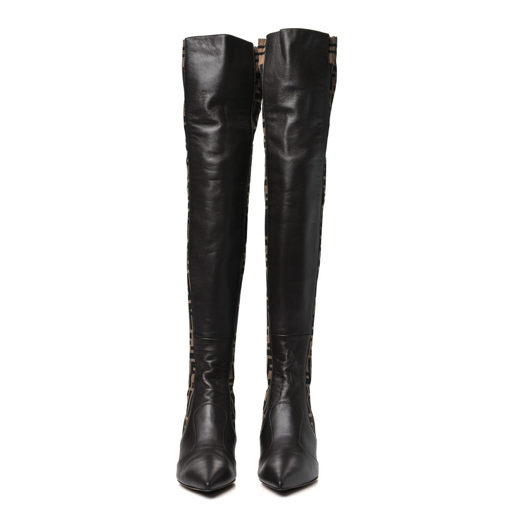 Fendi Nappa Microfiber Fabric FF Rockoko Thigh High Boots 35 Ebano Tobacco Black
