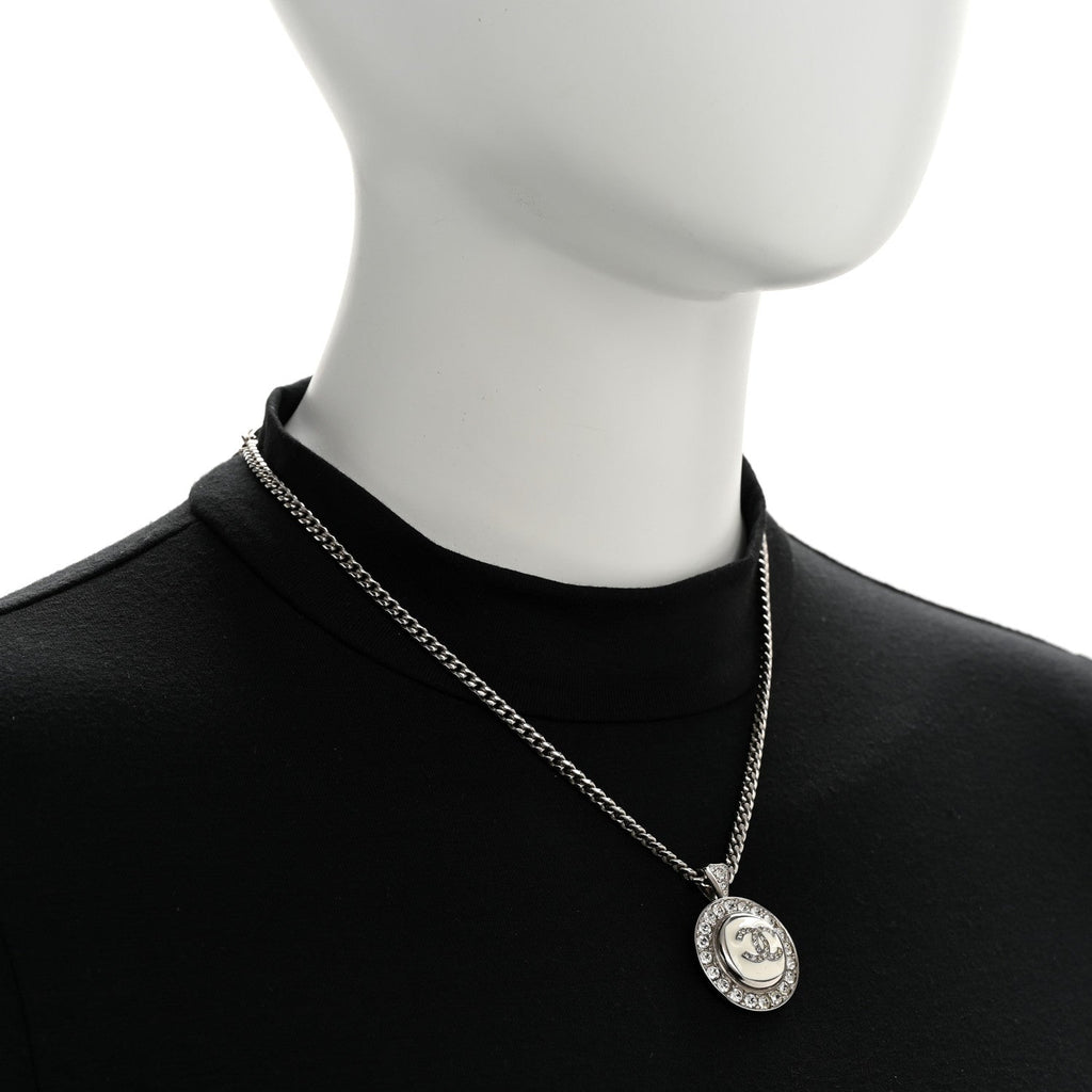 Chanel Crystal Enamel CC Pendant Necklace Silver White