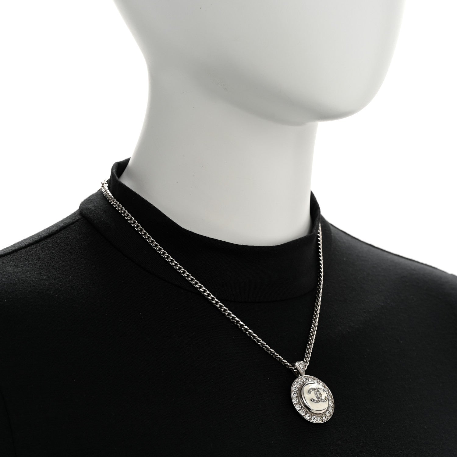 Chanel Crystal Enamel CC Pendant Necklace Silver White