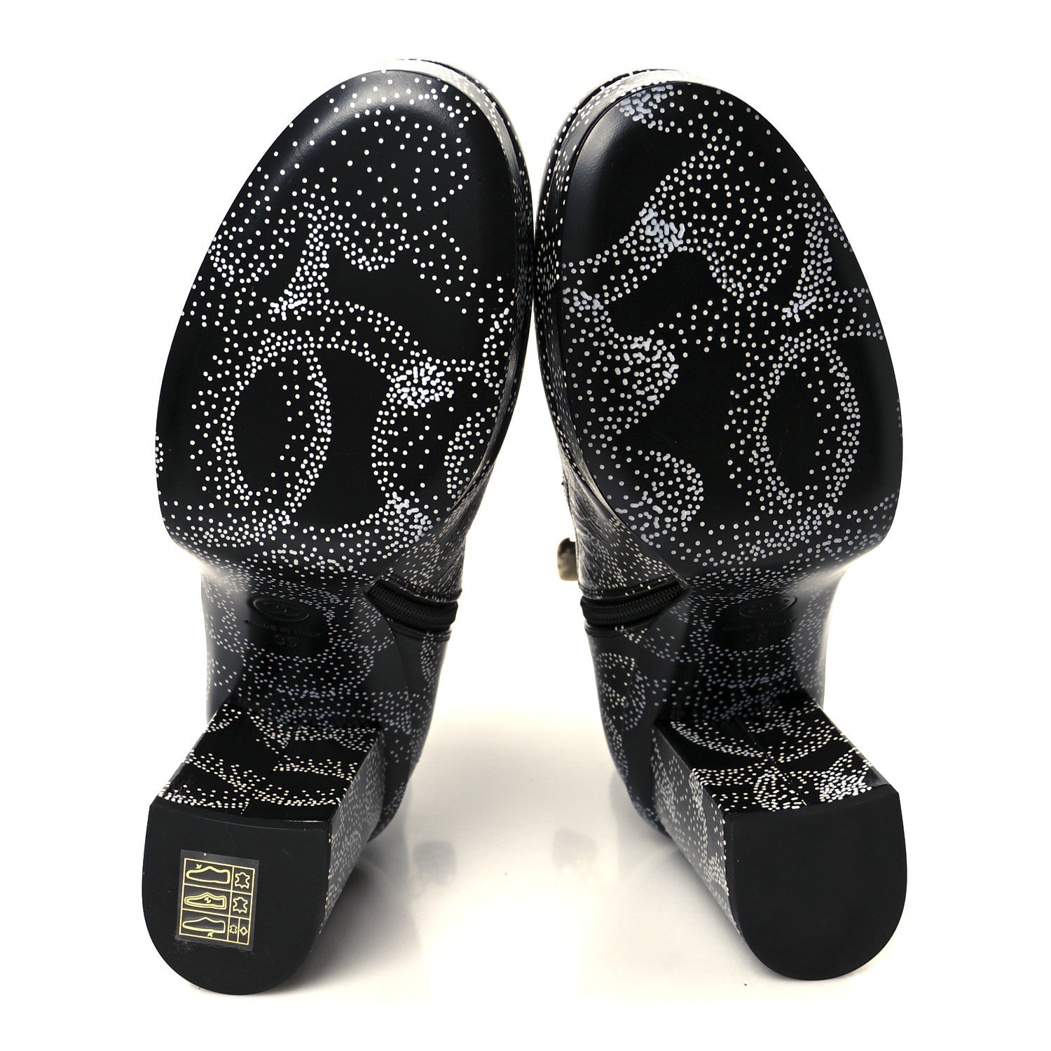 Chanel Calfskin Camellia Printed Ankle Boots 39 Black White