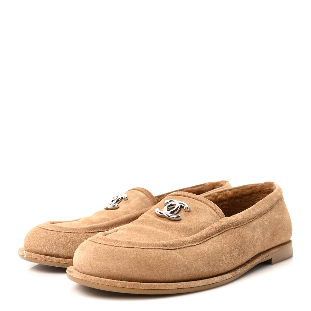 Chanel Suede Calfskin CC Loafers 41 Dark Beige