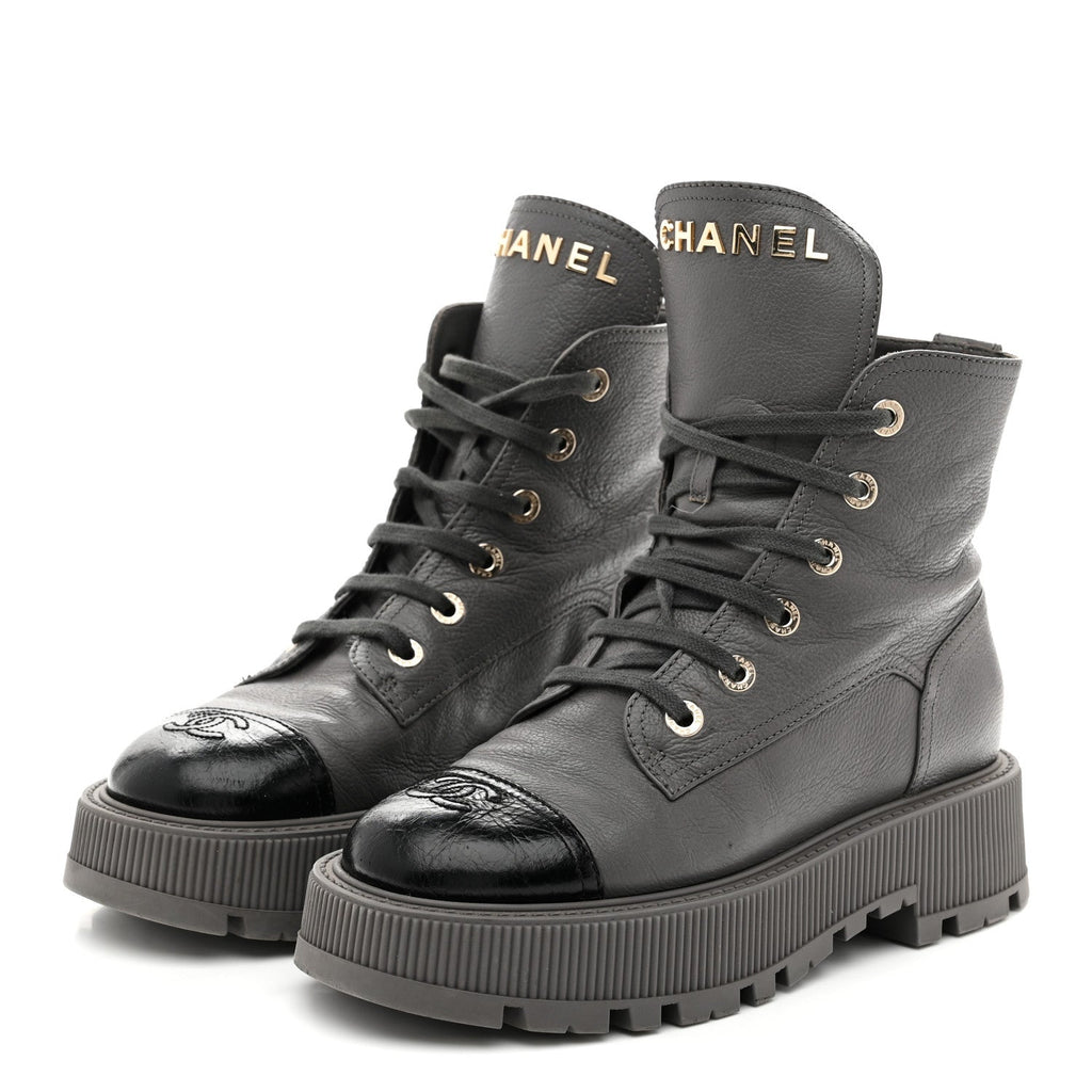 Chanel Calfskin CC Lace Up Combat Boots 39 Gray