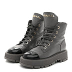 Chanel Calfskin CC Lace Up Combat Boots 39 Gray