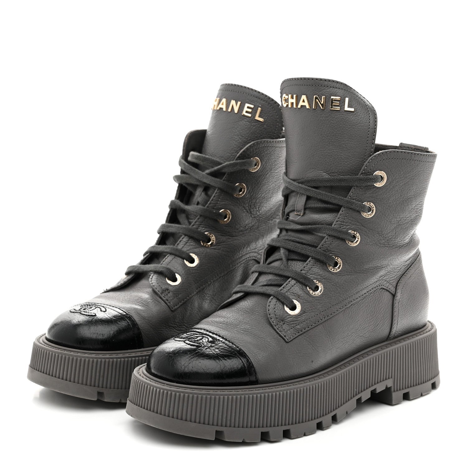 Chanel Calfskin CC Lace Up Combat Boots 39 Gray
