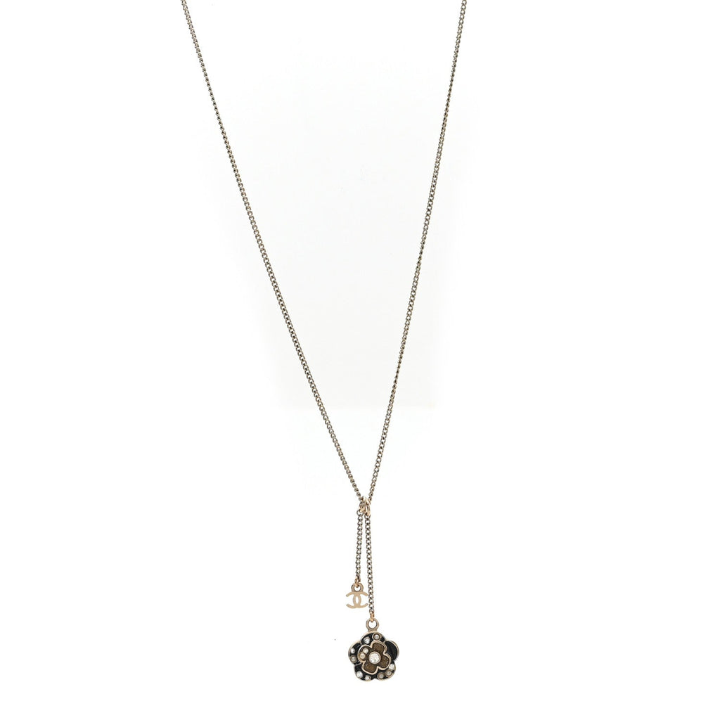 Chanel Enamel Crystal Pearl CC Camellia Drop Necklace Gold Black