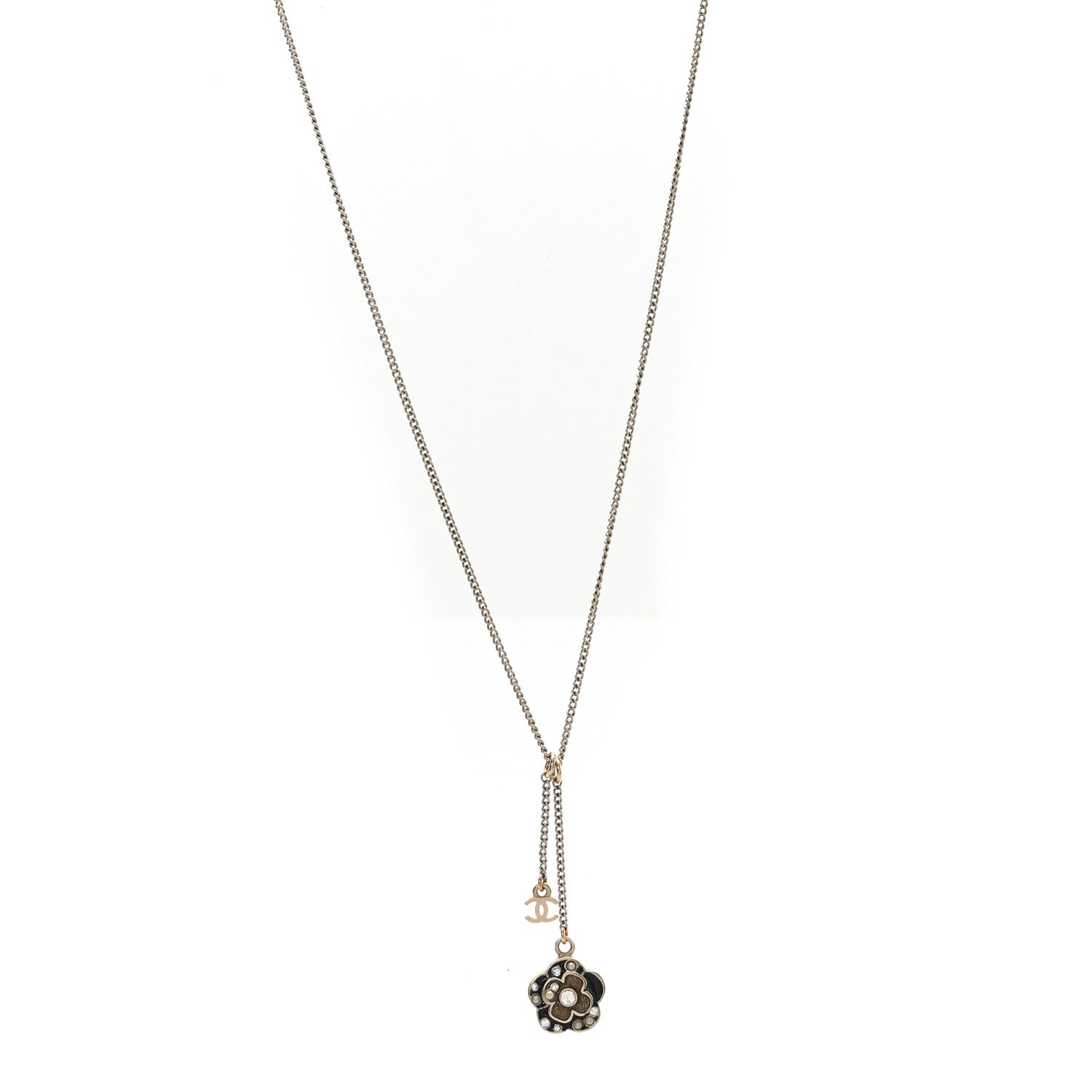 Chanel Enamel Crystal Pearl CC Camellia Drop Necklace Gold Black