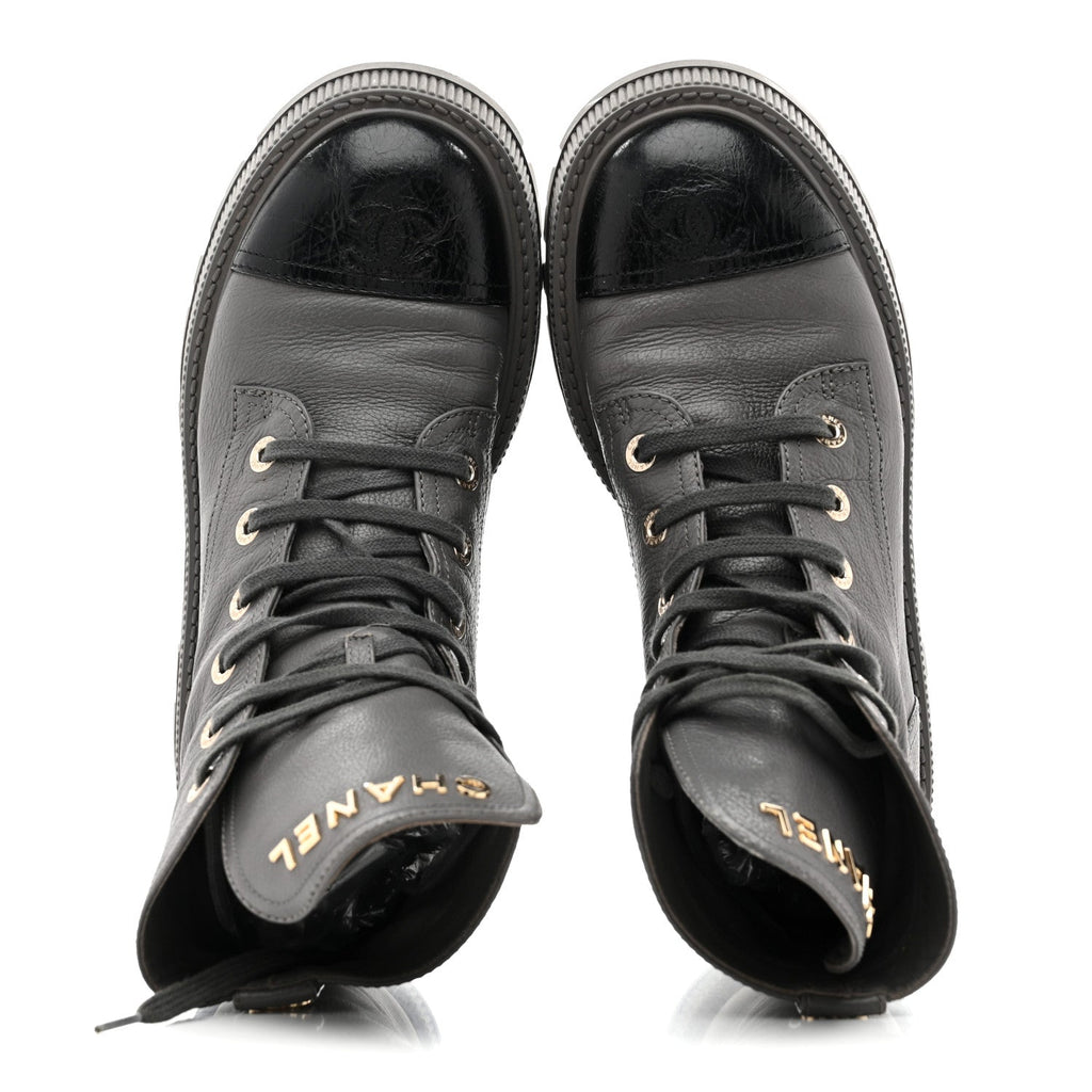 Chanel Calfskin CC Lace Up Combat Boots 39 Gray