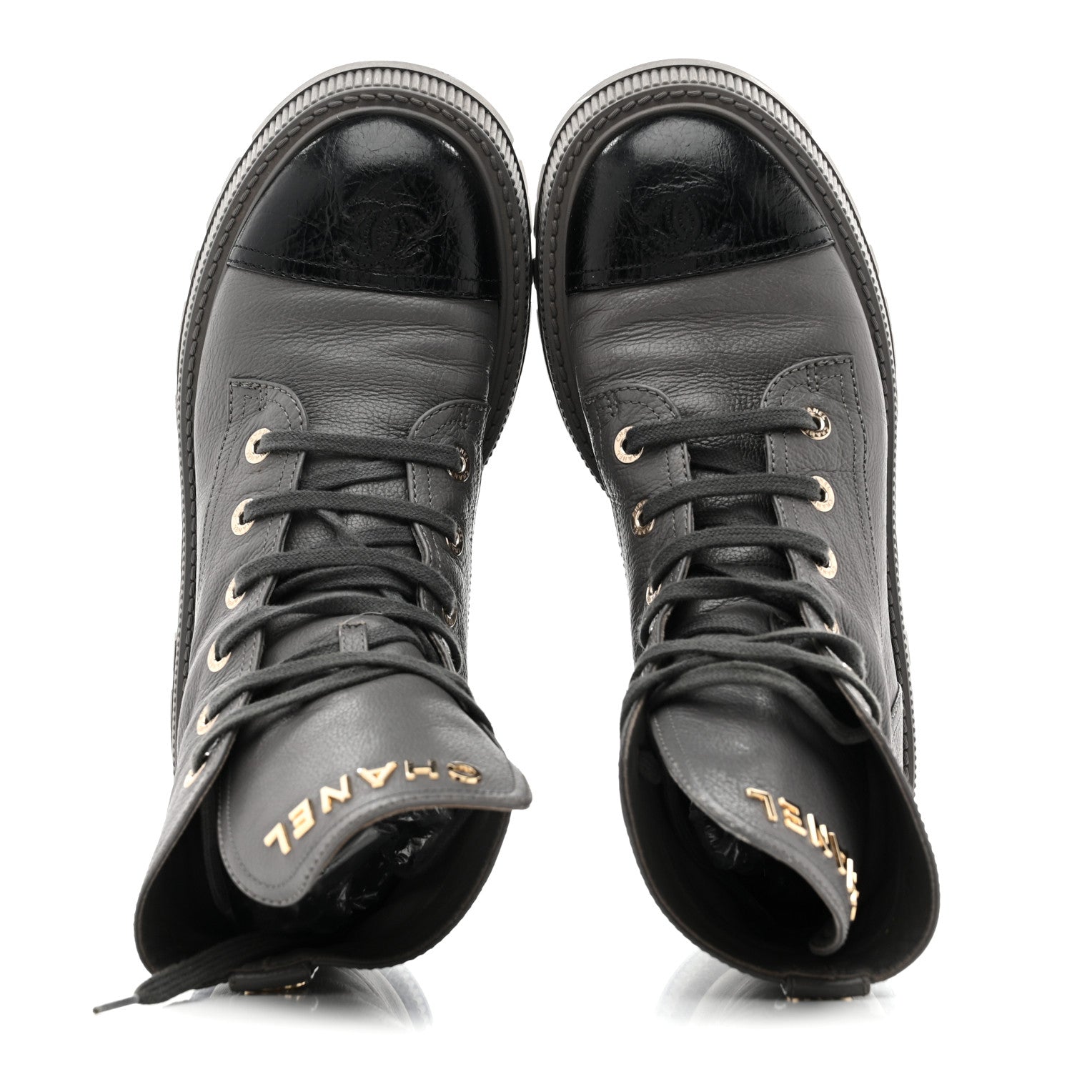 Chanel Calfskin CC Lace Up Combat Boots 39 Gray