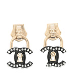 Chanel Metal Resin Crystal Pearl CC Lock Drop Earrings Gold Black