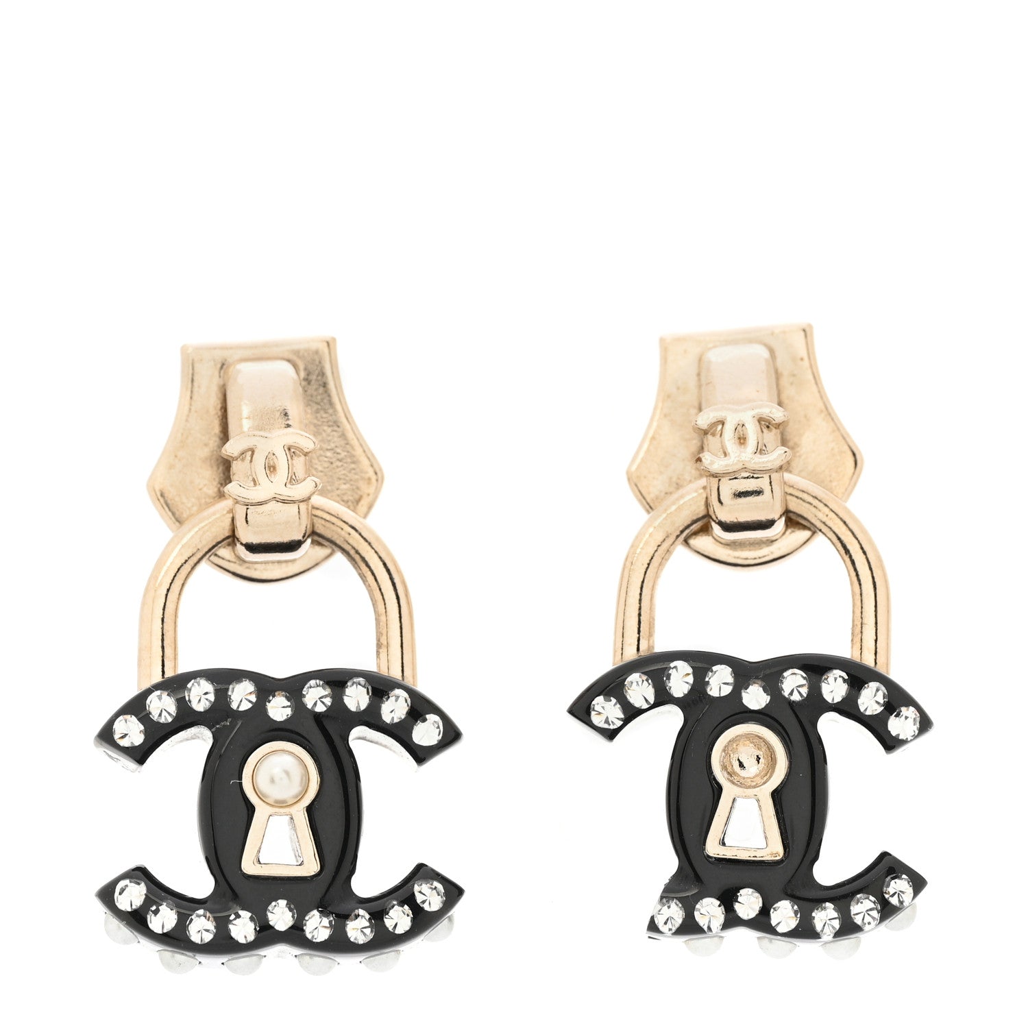 Chanel Metal Resin Crystal Pearl CC Lock Drop Earrings Gold Black