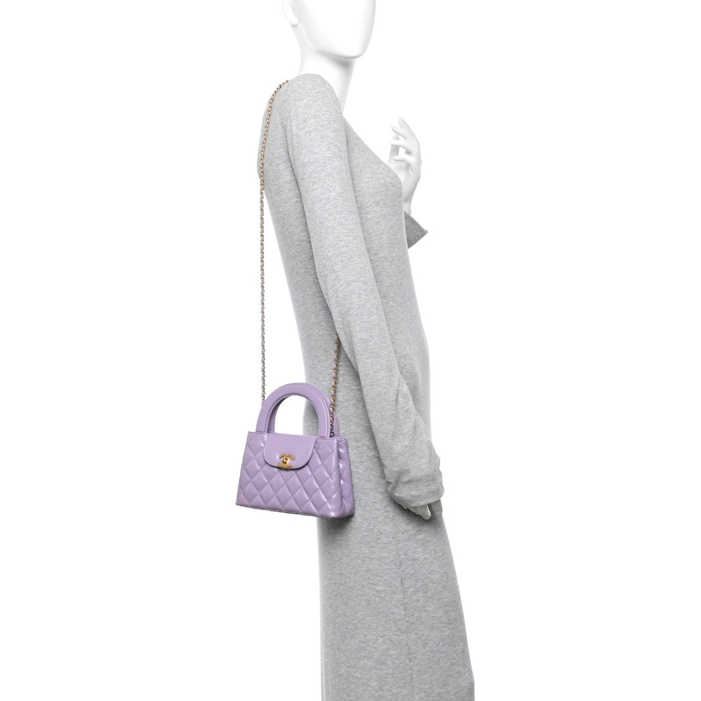 Chanel Shiny Aged Calfskin Quilted Nano Kelly Shopper Lilac