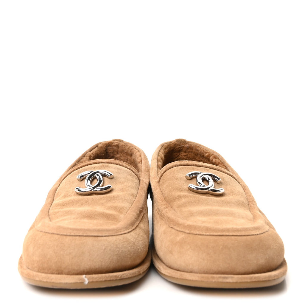 Chanel Suede Calfskin CC Loafers 41 Dark Beige